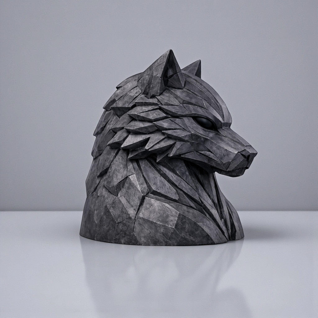 Happy3dWorld geometric wolf headphone stand in dark grey, featuring a modern polygonal design for gaming desks.