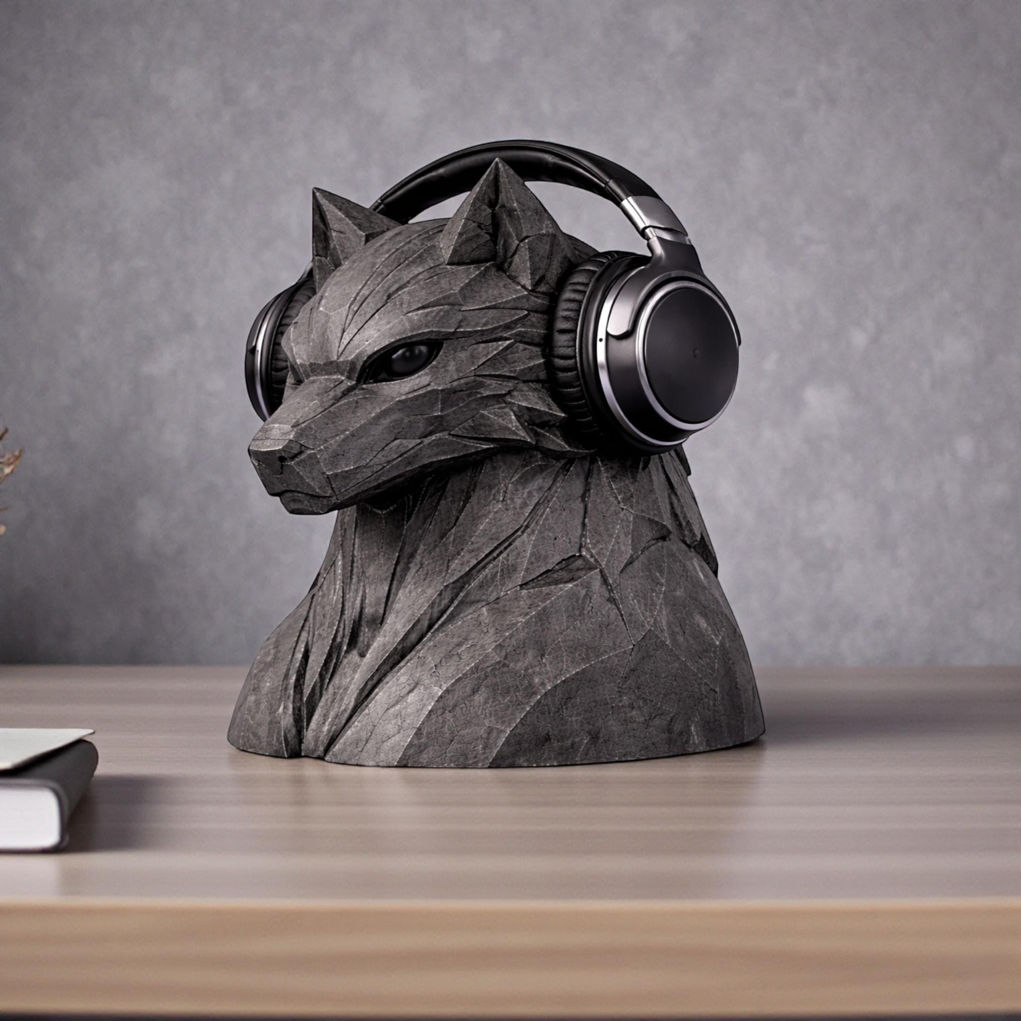 Happy3dWorld geometric wolf headphone stand in dark grey, a 3D printed gaming desk organizer for over-ear headsets.