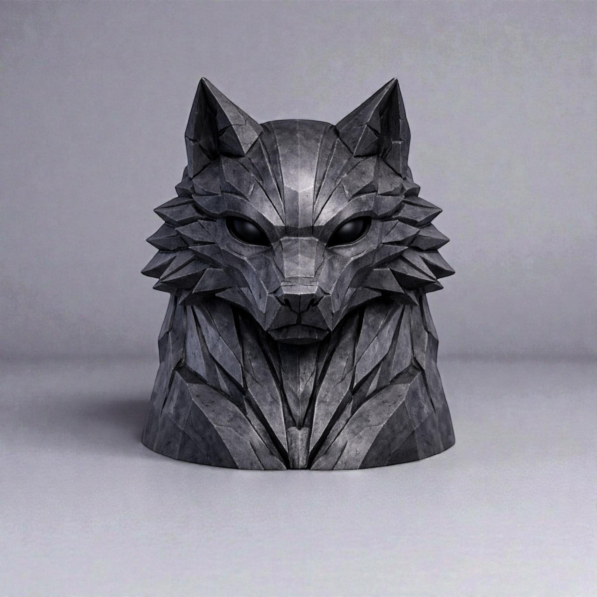 Happy3dWorld geometric wolf headphone stand in matte grey, a 3D printed polygonal gaming desk organizer.