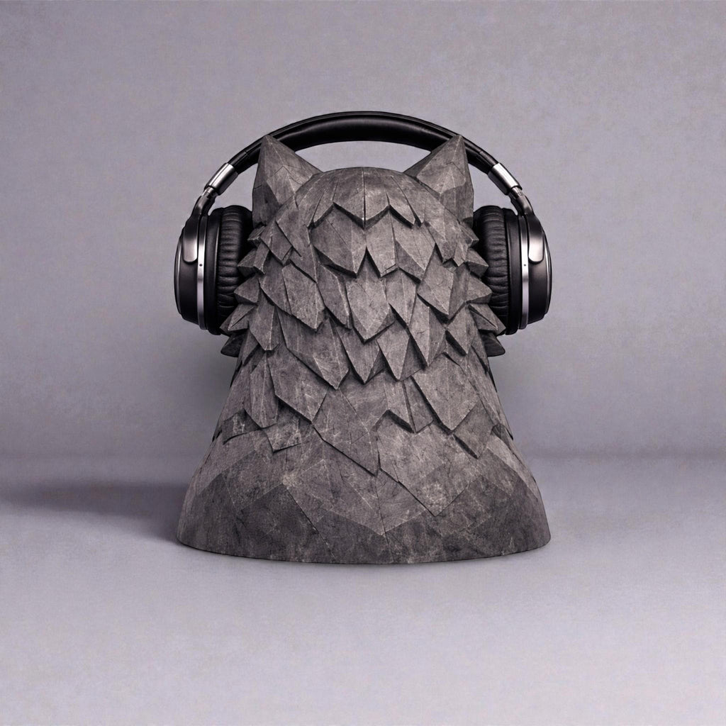 Happy3dWorld geometric wolf headphone stand in grey, 3D printed polygonal headset holder for gaming desks