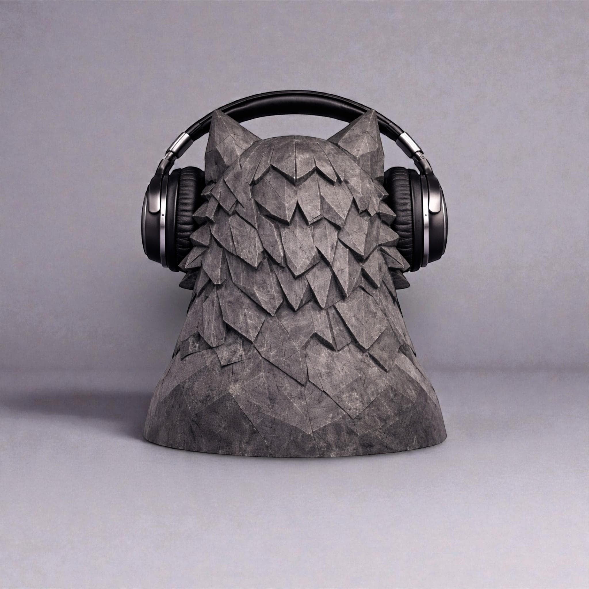 Happy3dWorld geometric wolf headphone stand in grey, 3D printed polygonal headset holder for gaming desks