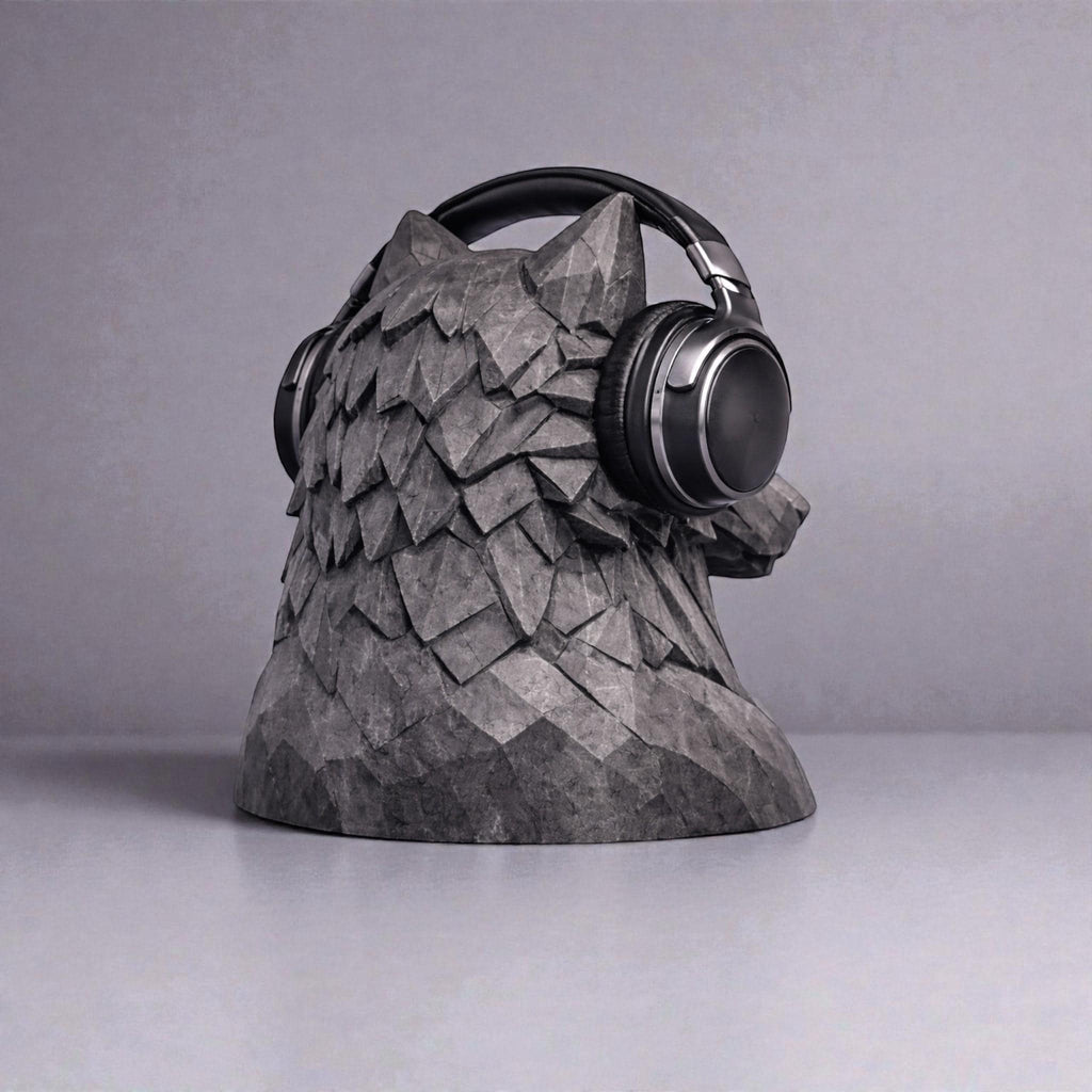 Happy3dWorld geometric wolf headphone stand in grey PLA, showcasing a polygonal bust design holding gaming headphones.