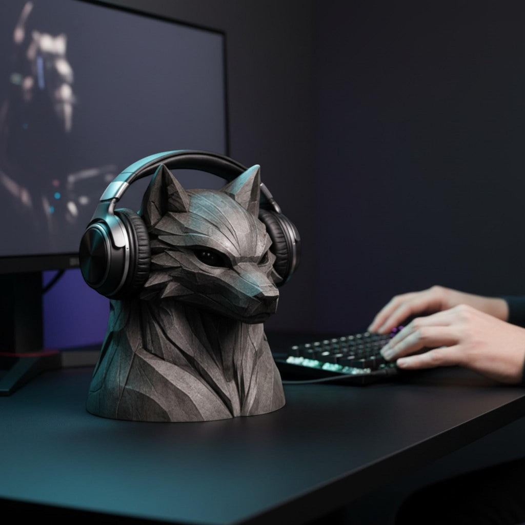 Happy3dWorld geometric wolf headphone stand holding a gaming headset on a dark desk with a computer monitor in the background