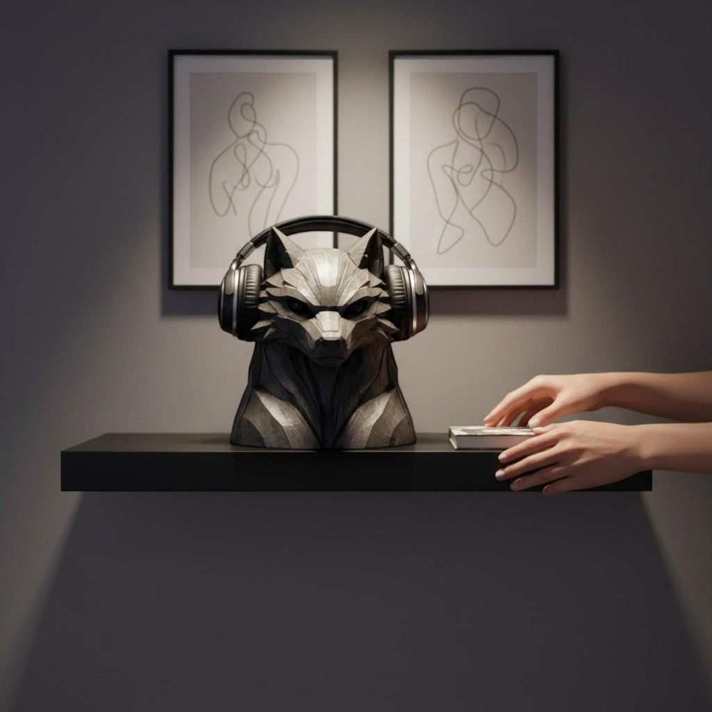Happy3dWorld geometric wolf headphone stand in dark grey, holding gaming headset on a shelf with hands nearby.