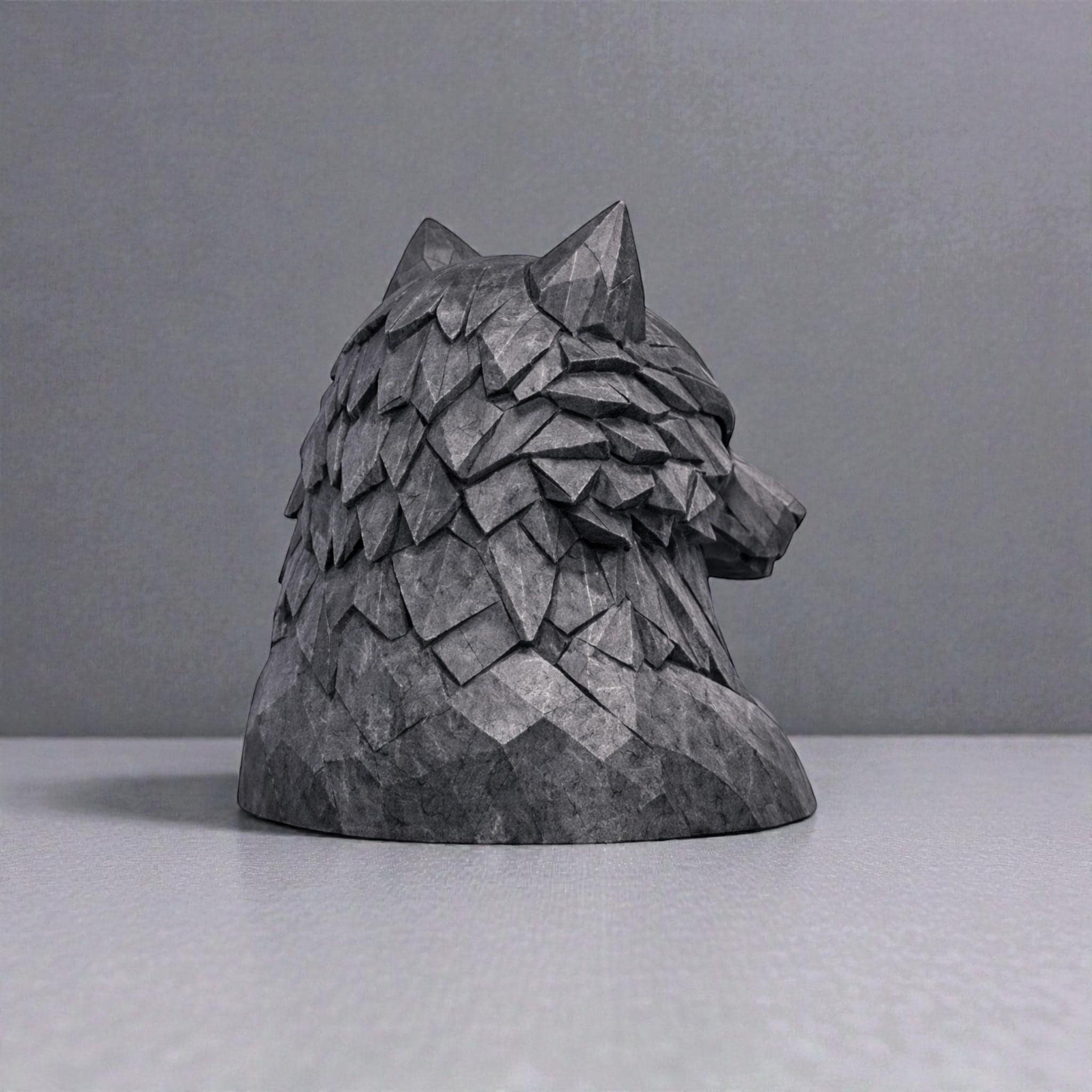 Happy3dWorld geometric wolf headphone stand in matte grey 3D printed PLA with a polygonal design.