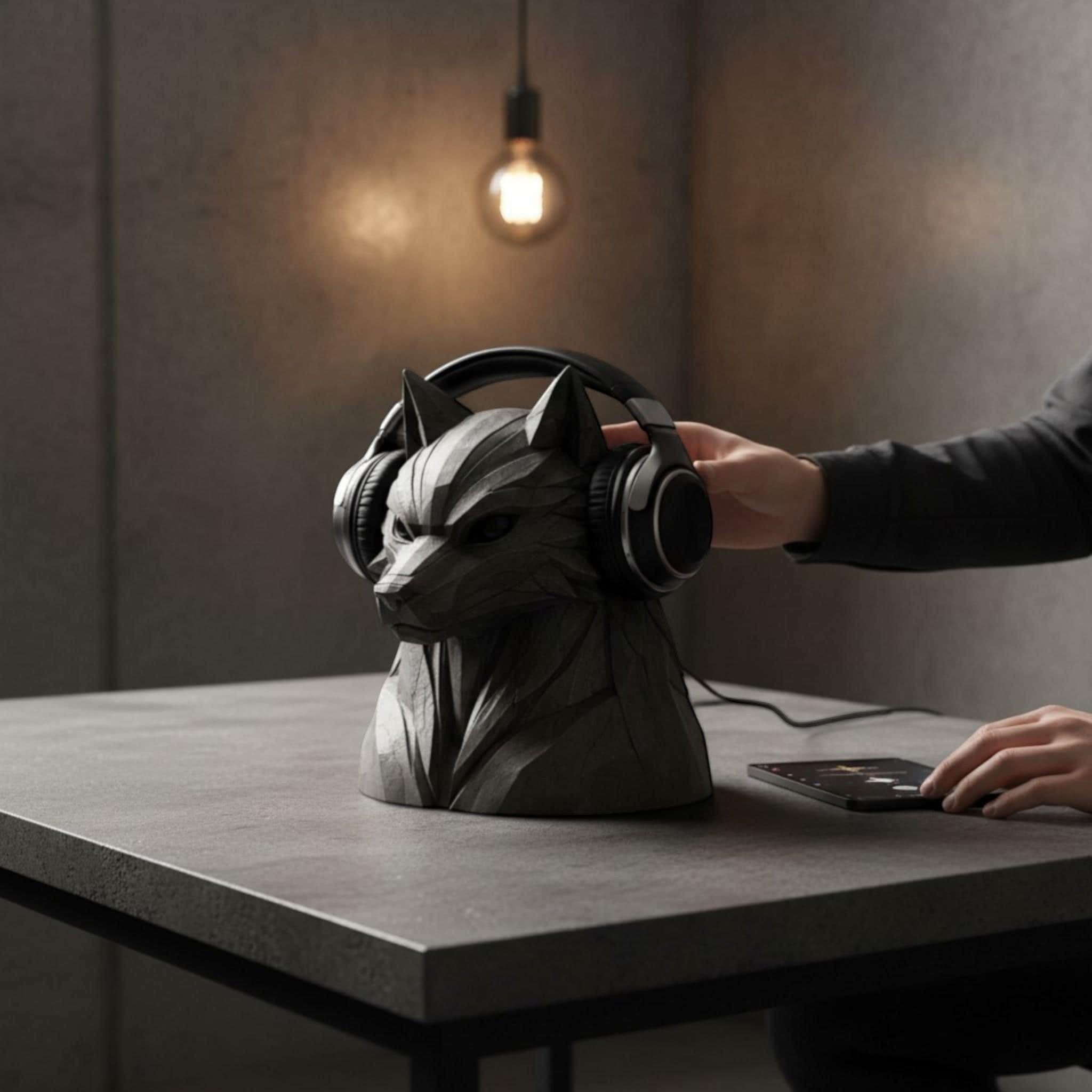 Happy3dWorld geometric wolf headphone stand in matte black, 3D printed desk organizer holding gaming headset