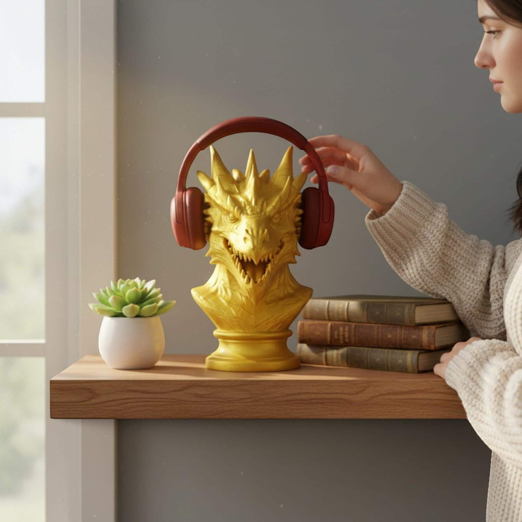 Happy3dWorld gold dragon bust headphone stand holding red over-ear headphones on a wooden desk with books and a plant.