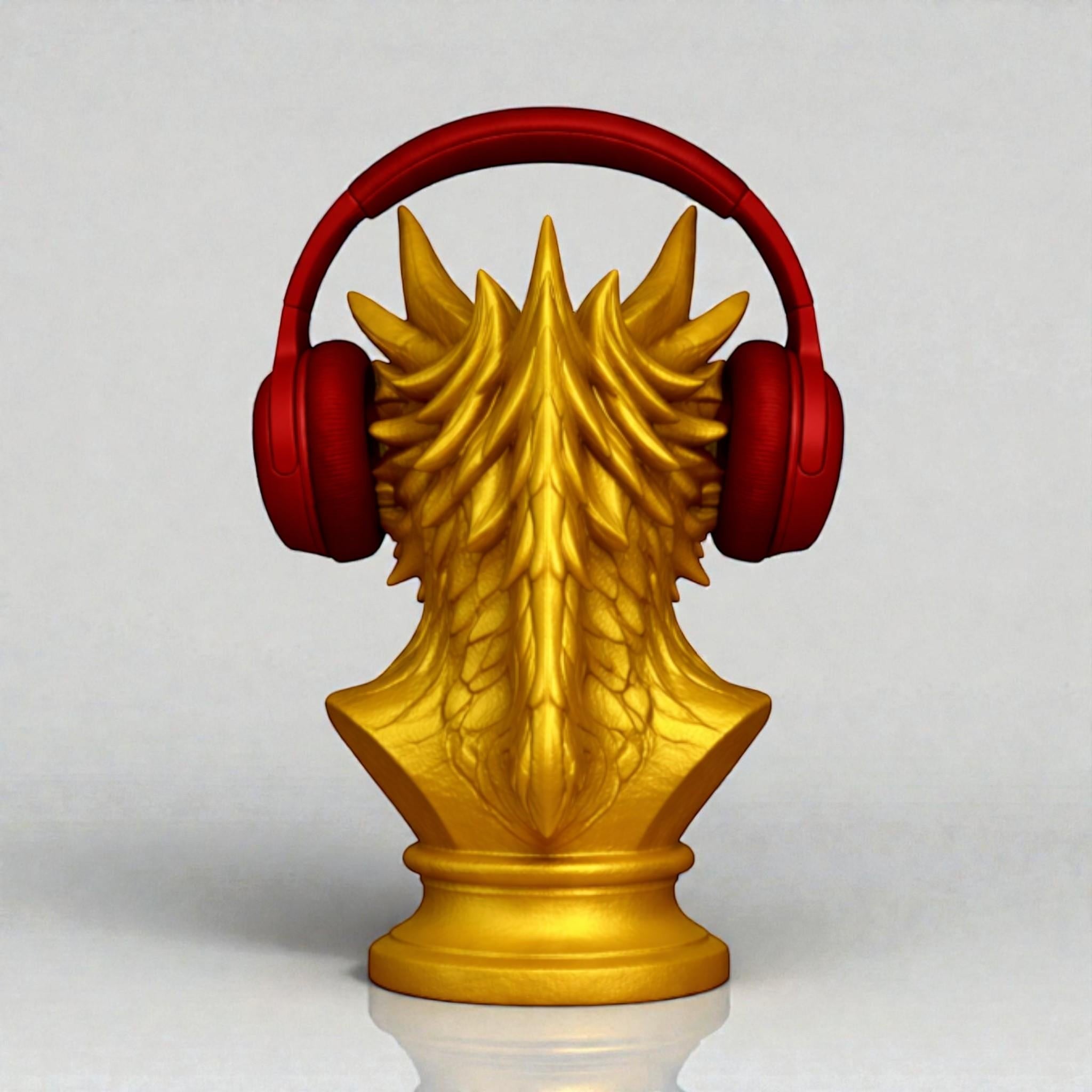 Happy3dWorld gold dragon bust headphone stand holding red over-ear gaming headphones on a white background
