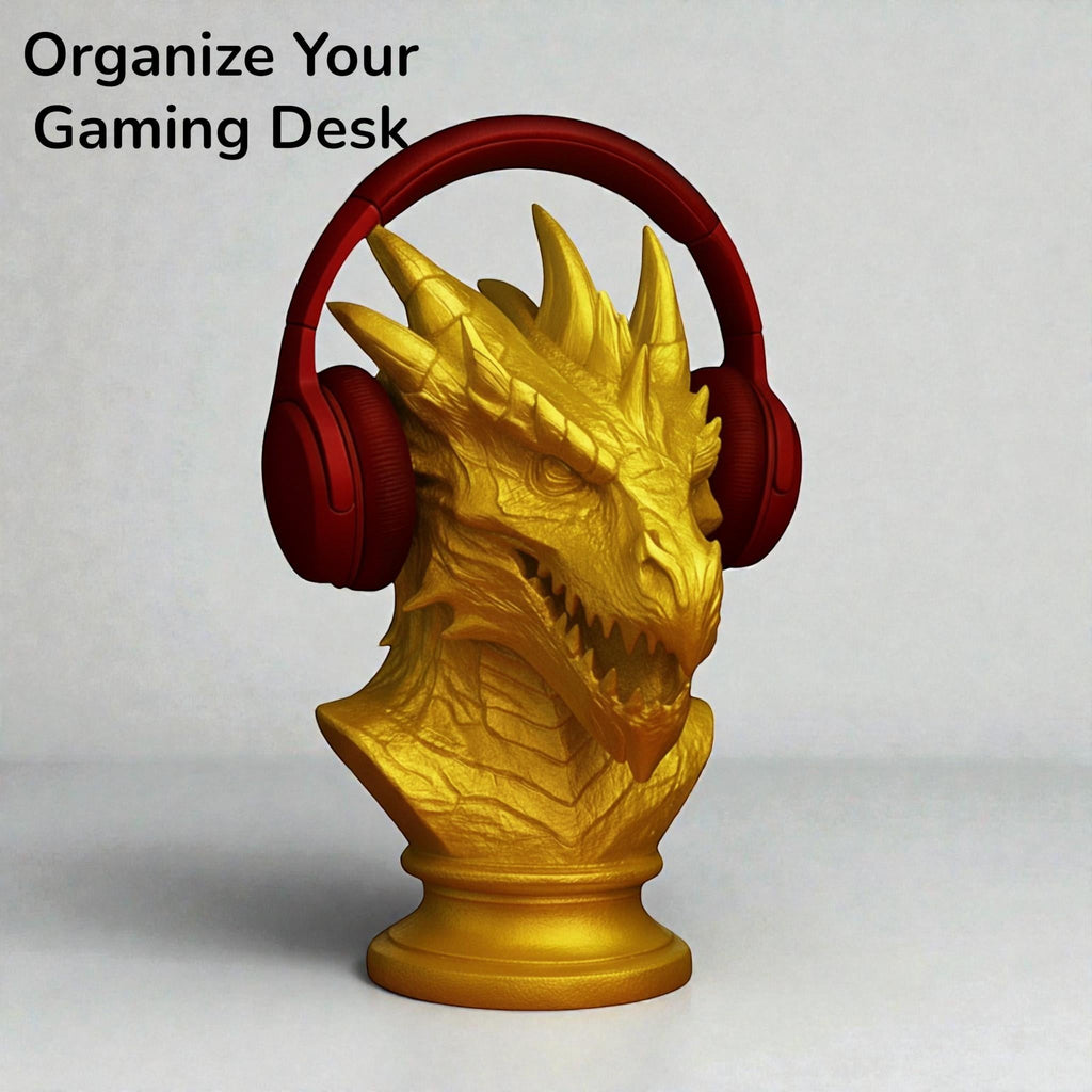 Happy3dWorld gold dragon bust headphone stand holding red over-ear gaming headset on a desk