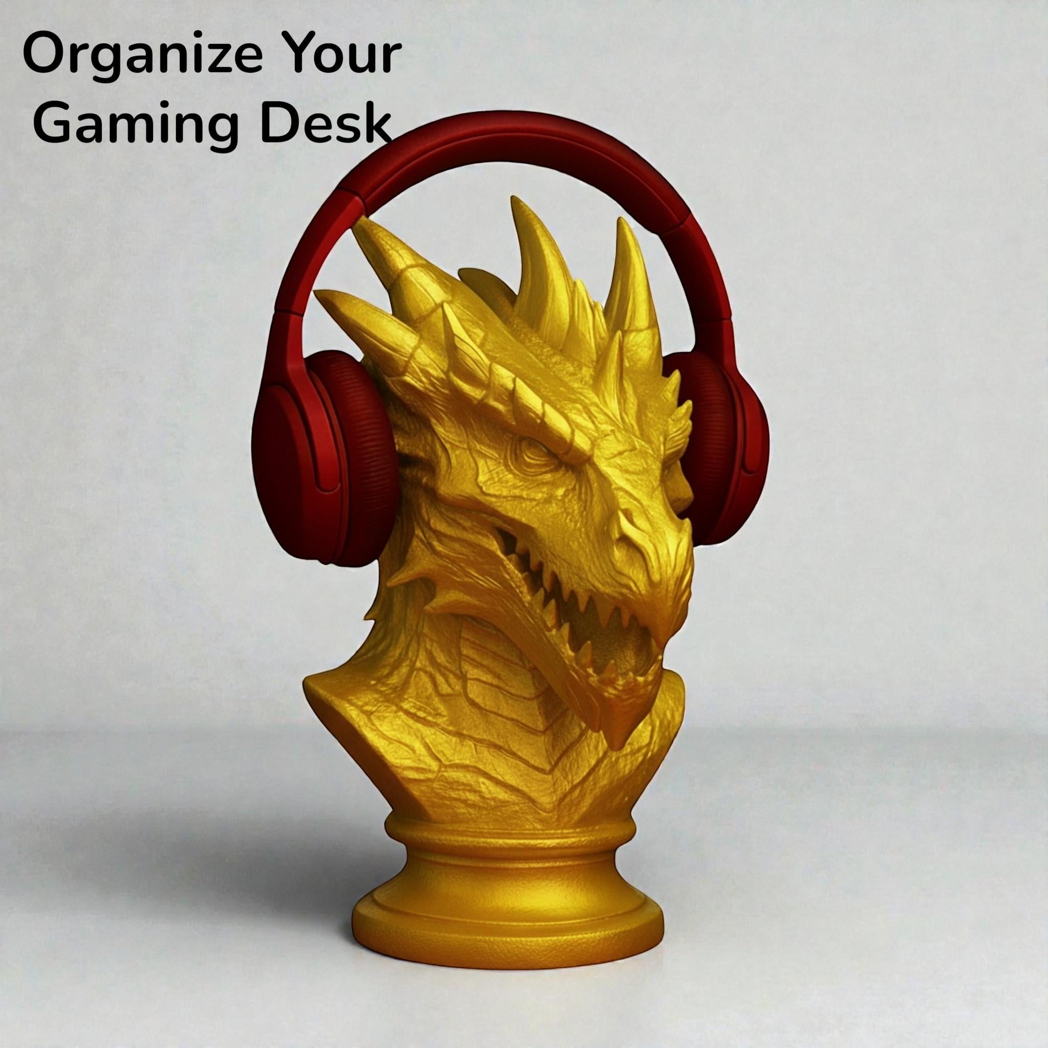 Happy3dWorld gold dragon bust headphone stand holding red over-ear gaming headset on a desk