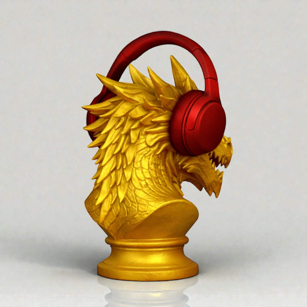 Happy3dWorld gold dragon bust headphone stand displaying red over-ear gaming headset on a white background