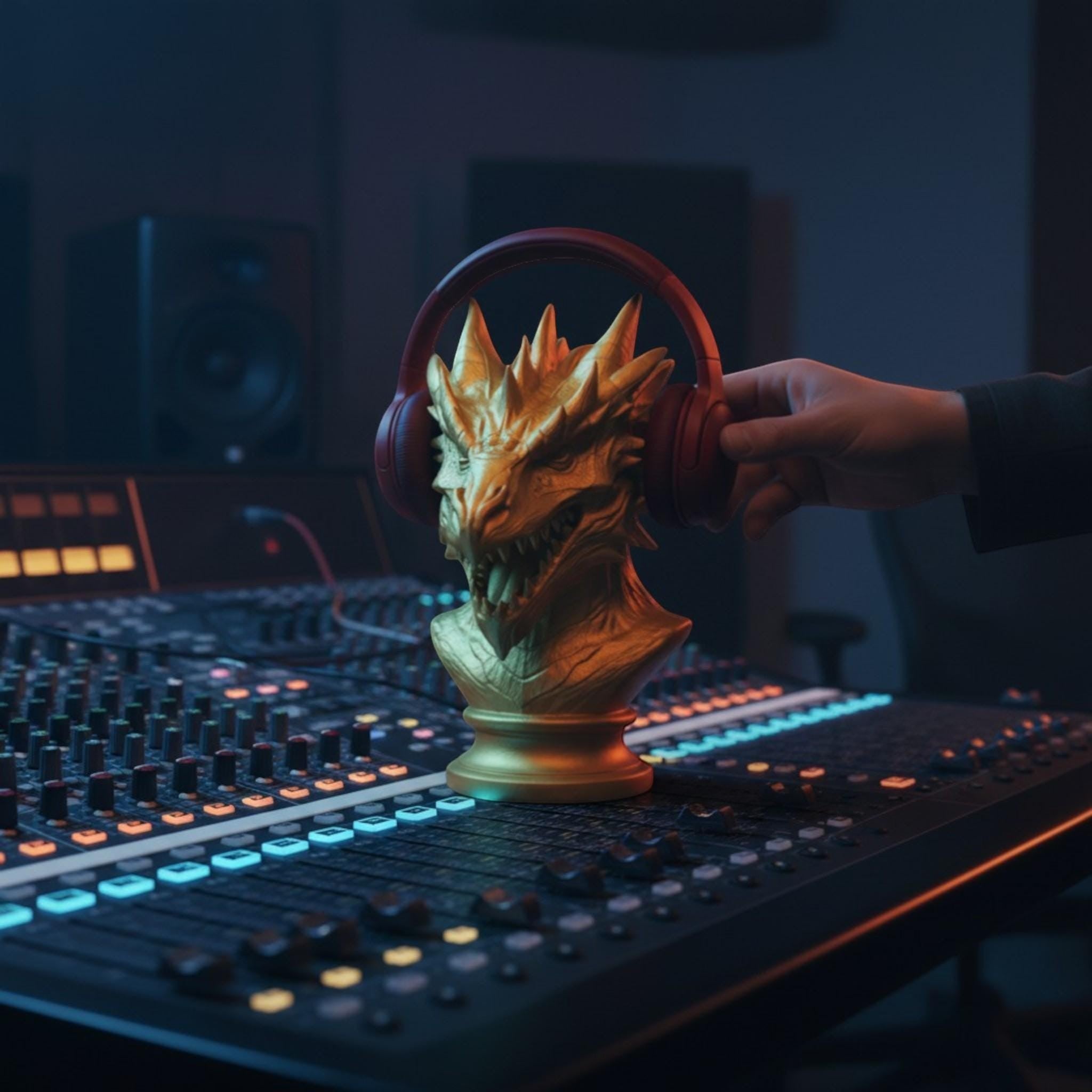 Happy3dWorld gold dragon bust headphone stand holding red over-ear headphones on a professional audio mixing console.