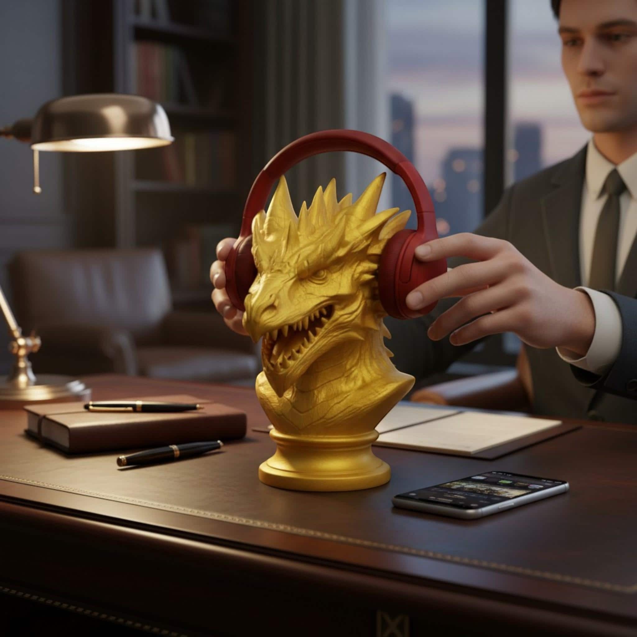 Happy3dWorld gold dragon bust headphone stand on a professional desk with a man placing red over-ear headphones on it.