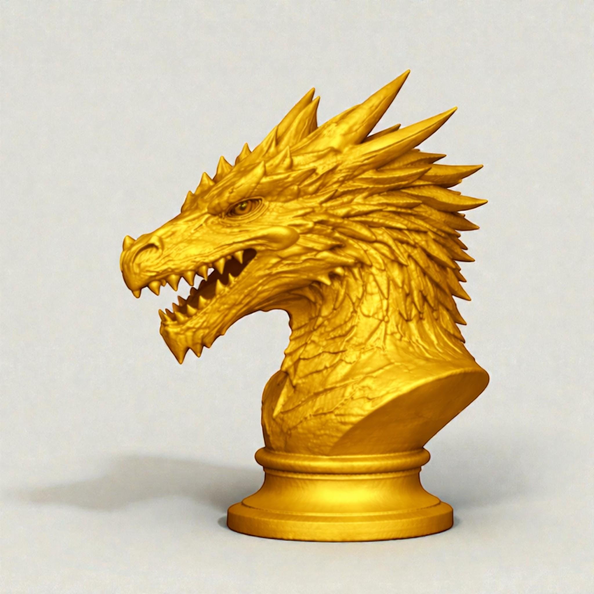 Happy3dWorld gold dragon bust headphone stand with detailed scales and horns for gaming desk organization.