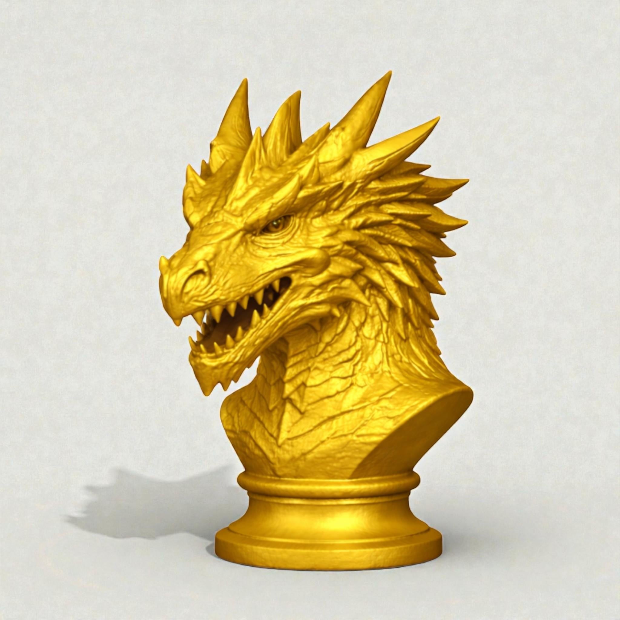 Happy3dWorld gold dragon bust headphone stand with detailed scales and horns for gaming desk organization.