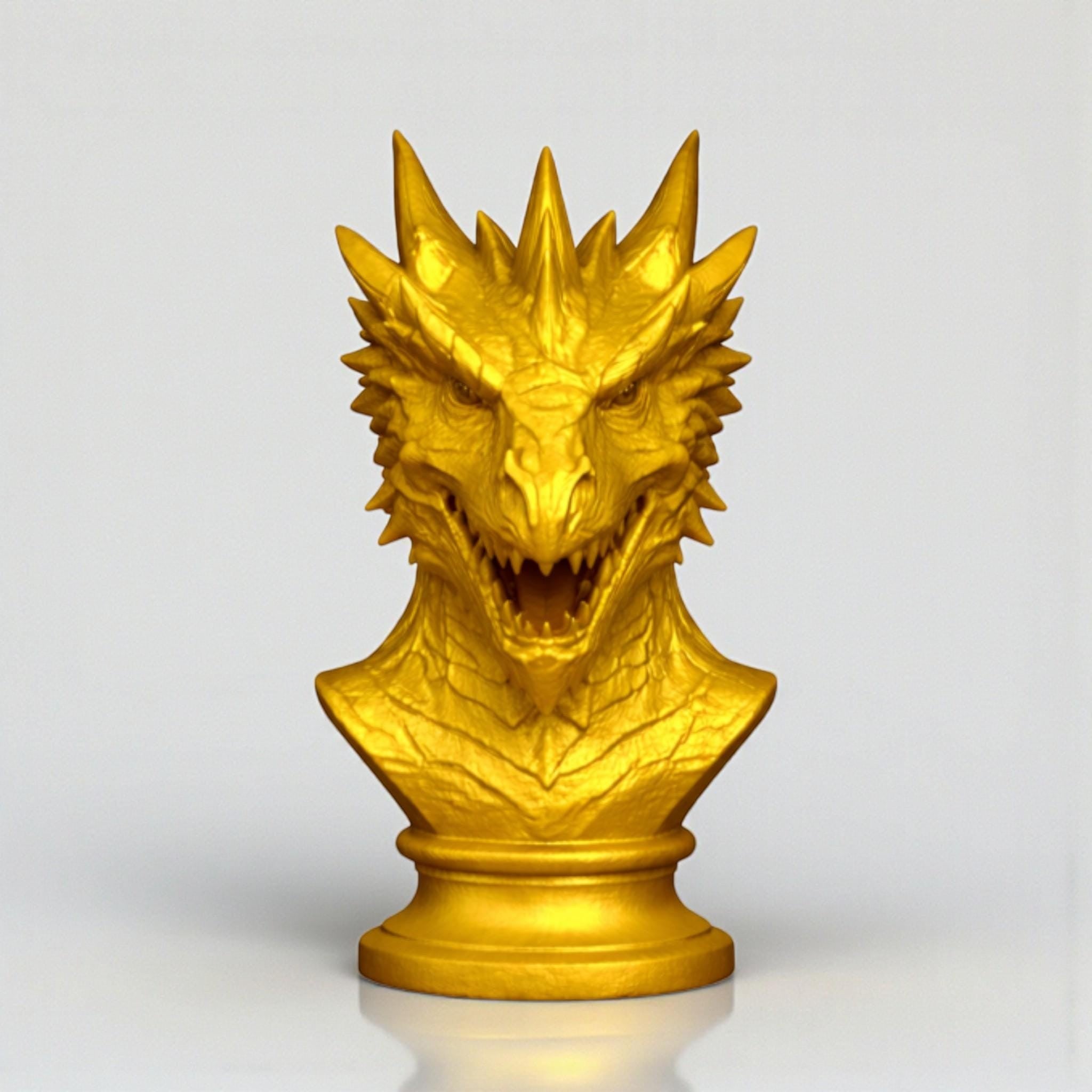 Happy3dWorld gold dragon bust headphone stand with detailed scales and horns for gaming desk organization