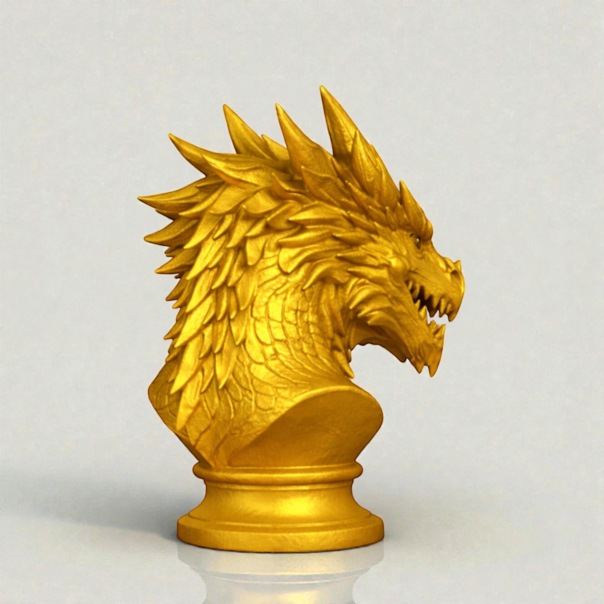 Happy3dWorld gold dragon bust headphone stand with detailed scales and horns for gaming desk organization.