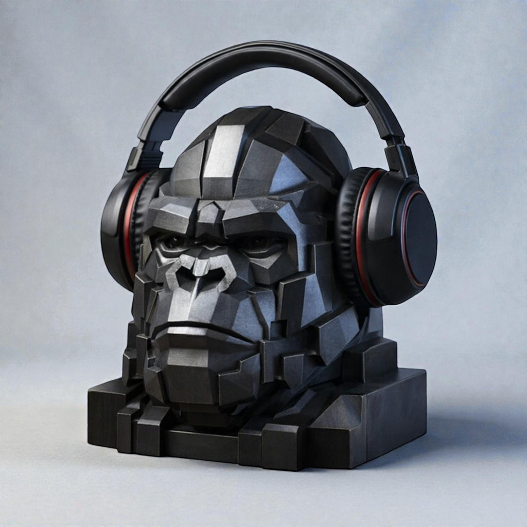 Happy3dWorld black geometric gorilla bust headphone stand with a faceted design for gaming desk decor.