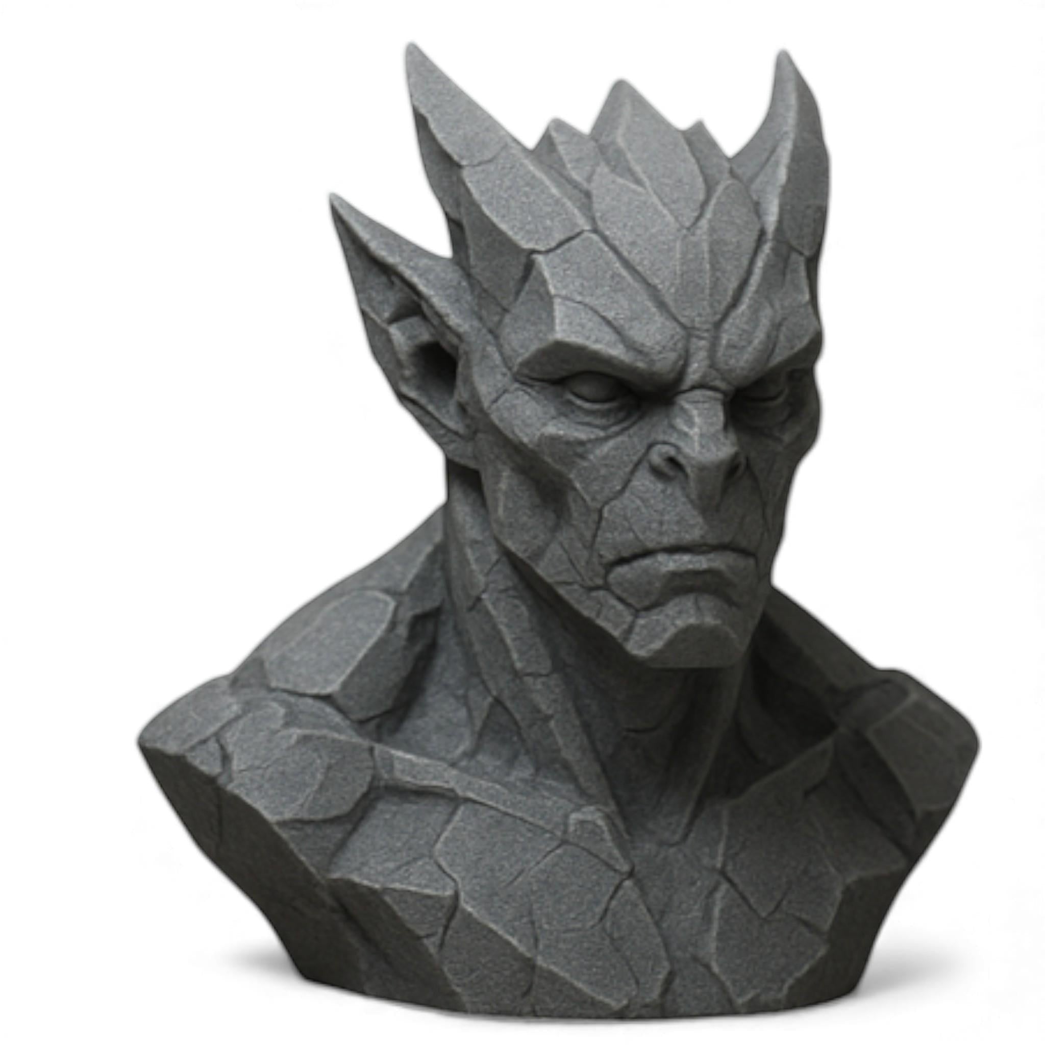 Happy3dWorld 3D printed gray gargoyle headphone stand with a stone-textured gothic design for gaming desk decor.