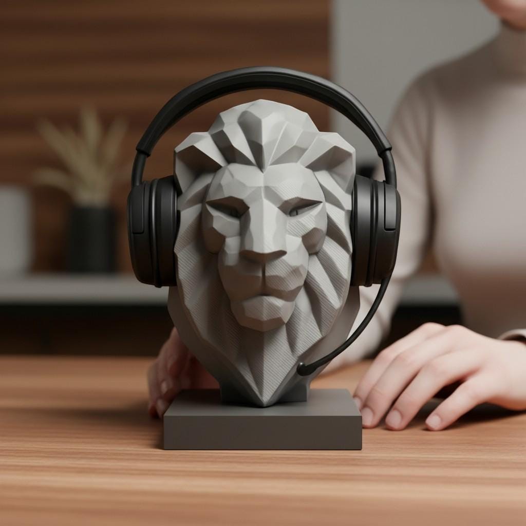 Lion Bust Headphone Stand – 3D Printed Low-Poly Gaming Desk Decor