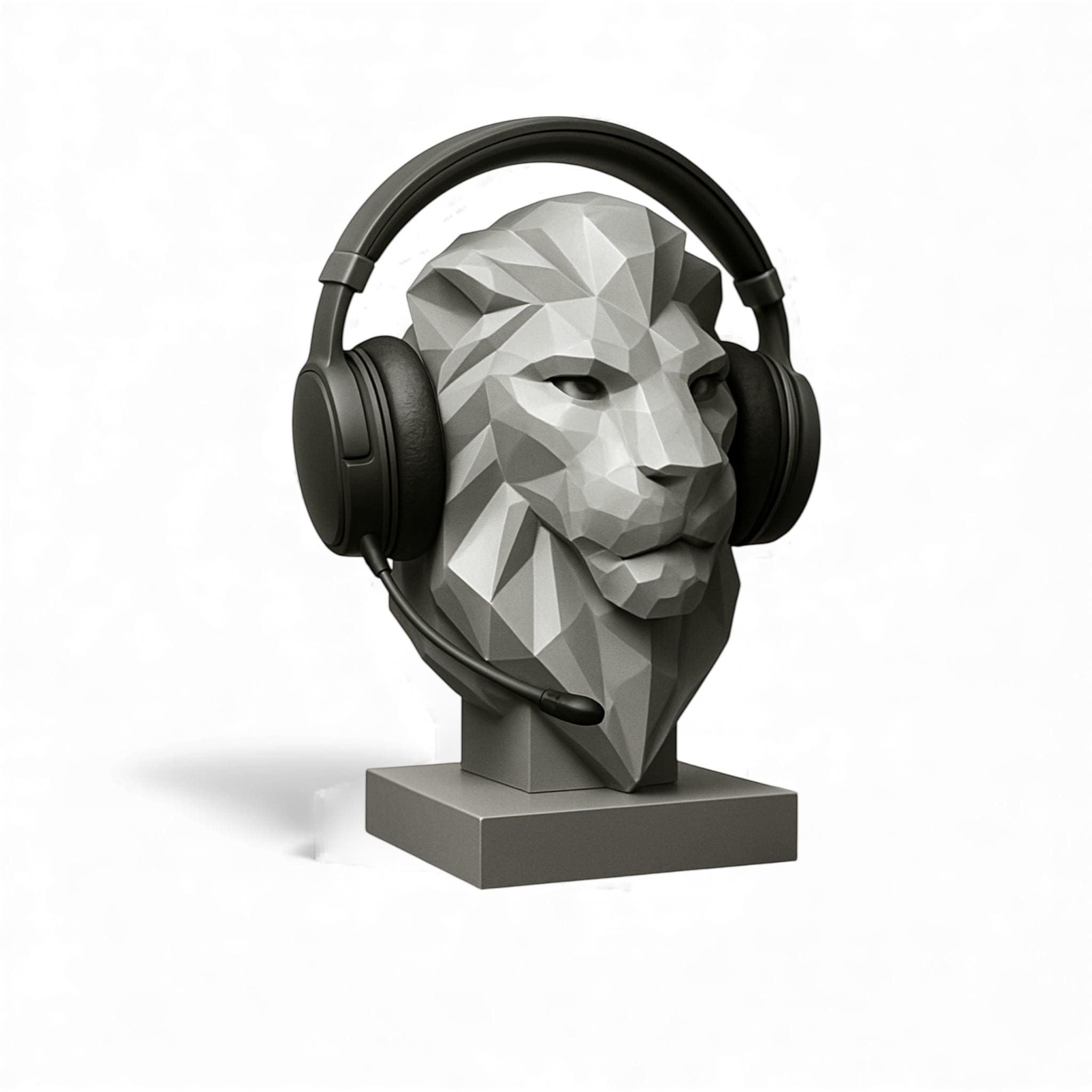 Lion Bust Headphone Stand – 3D Printed Low-Poly Gaming Desk Decor