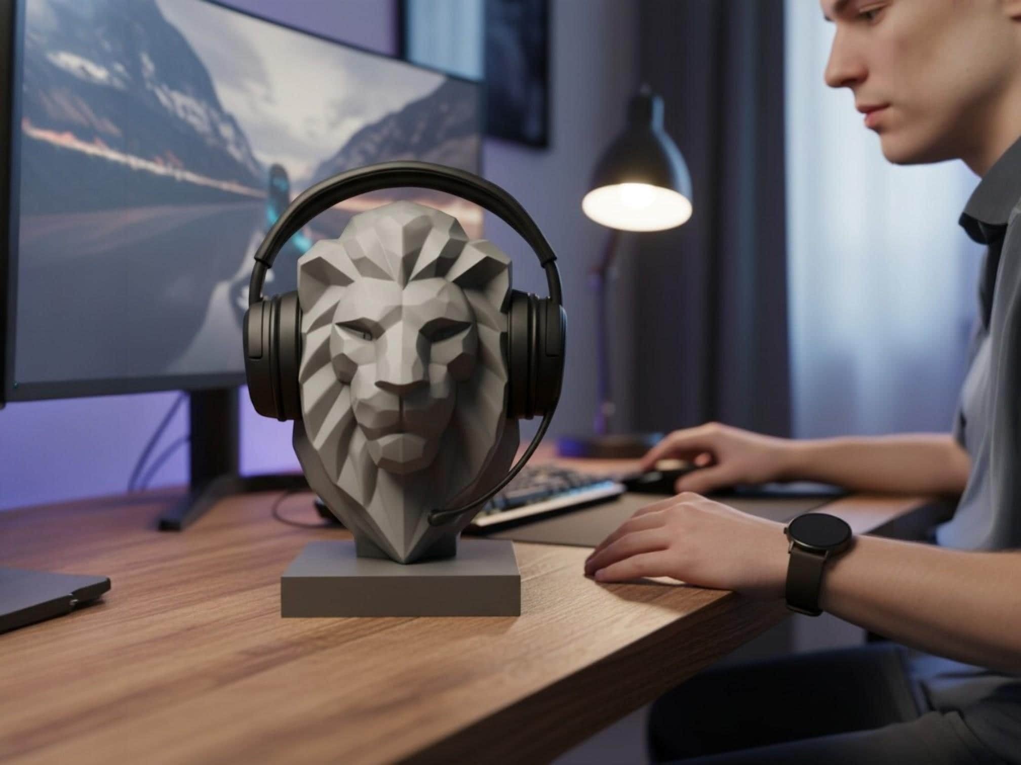Lion Bust Headphone Stand – 3D Printed Low-Poly Gaming Desk Decor