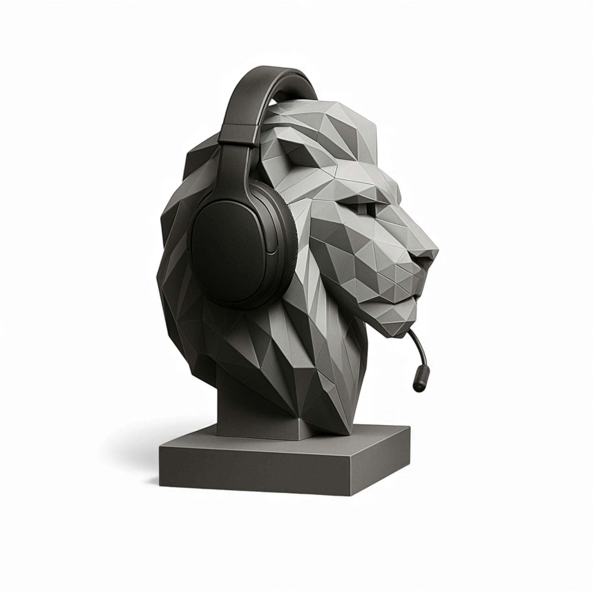 Lion Bust Headphone Stand – 3D Printed Low-Poly Gaming Desk Decor