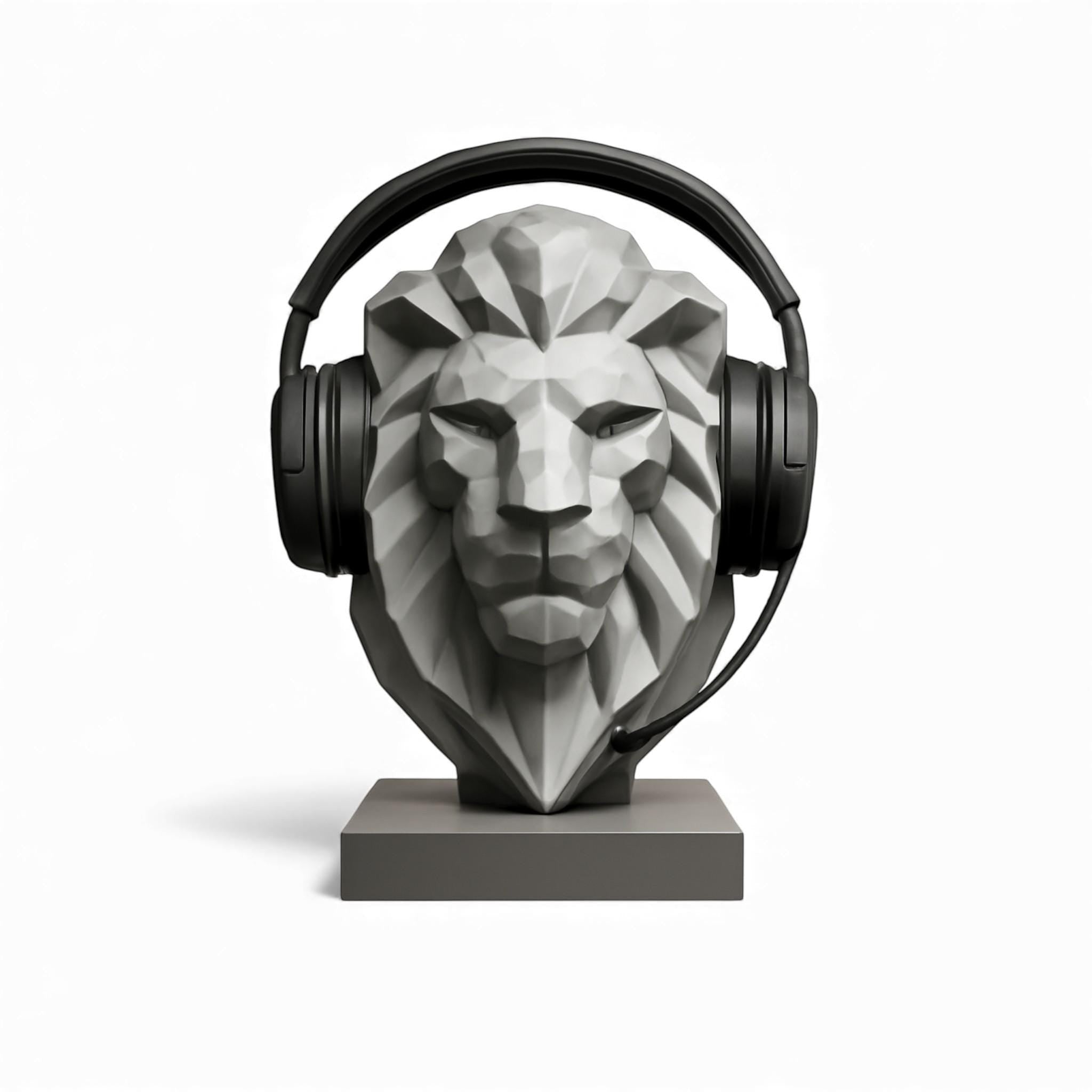Lion Bust Headphone Stand – 3D Printed Low-Poly Gaming Desk Decor