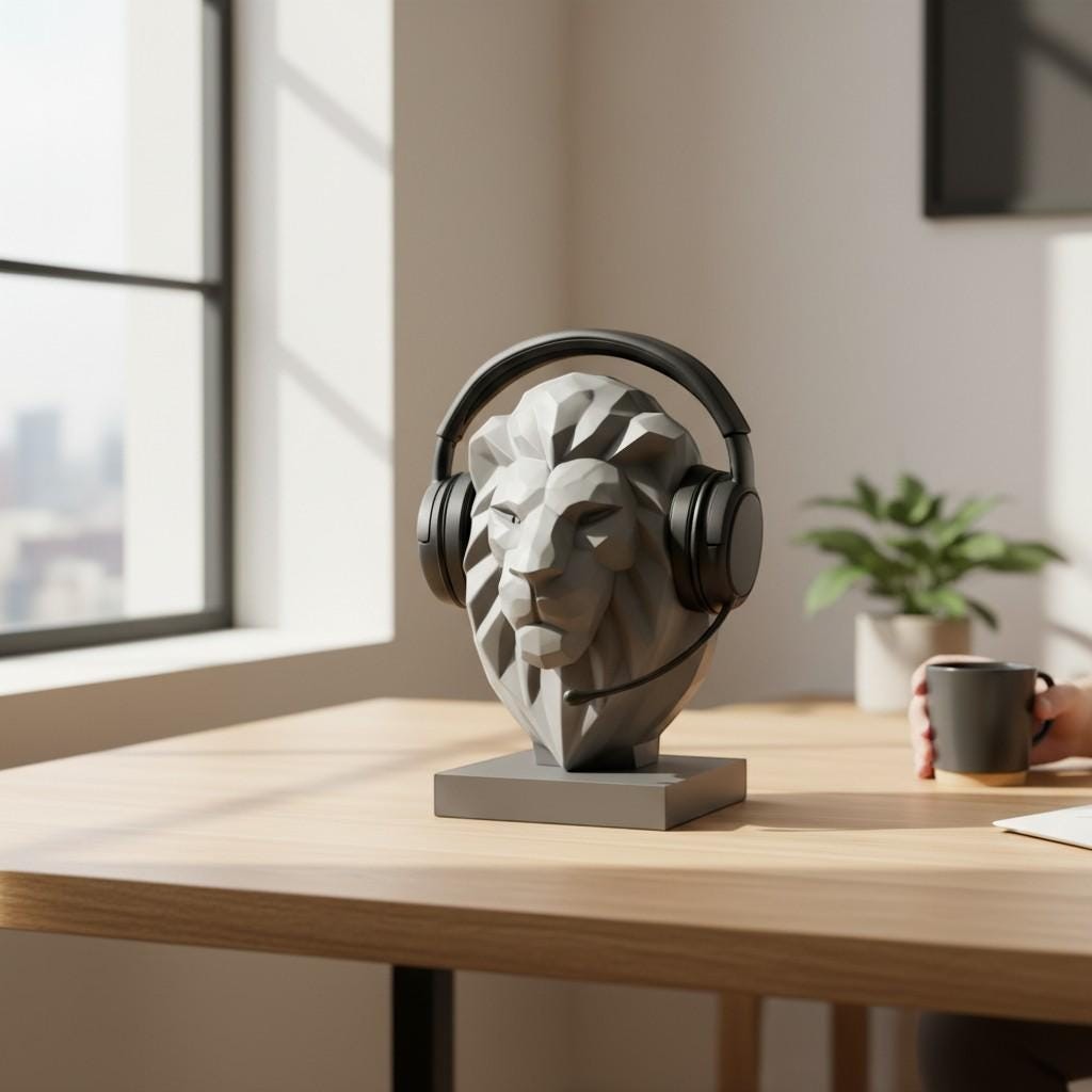 Lion Bust Headphone Stand – 3D Printed Low-Poly Gaming Desk Decor