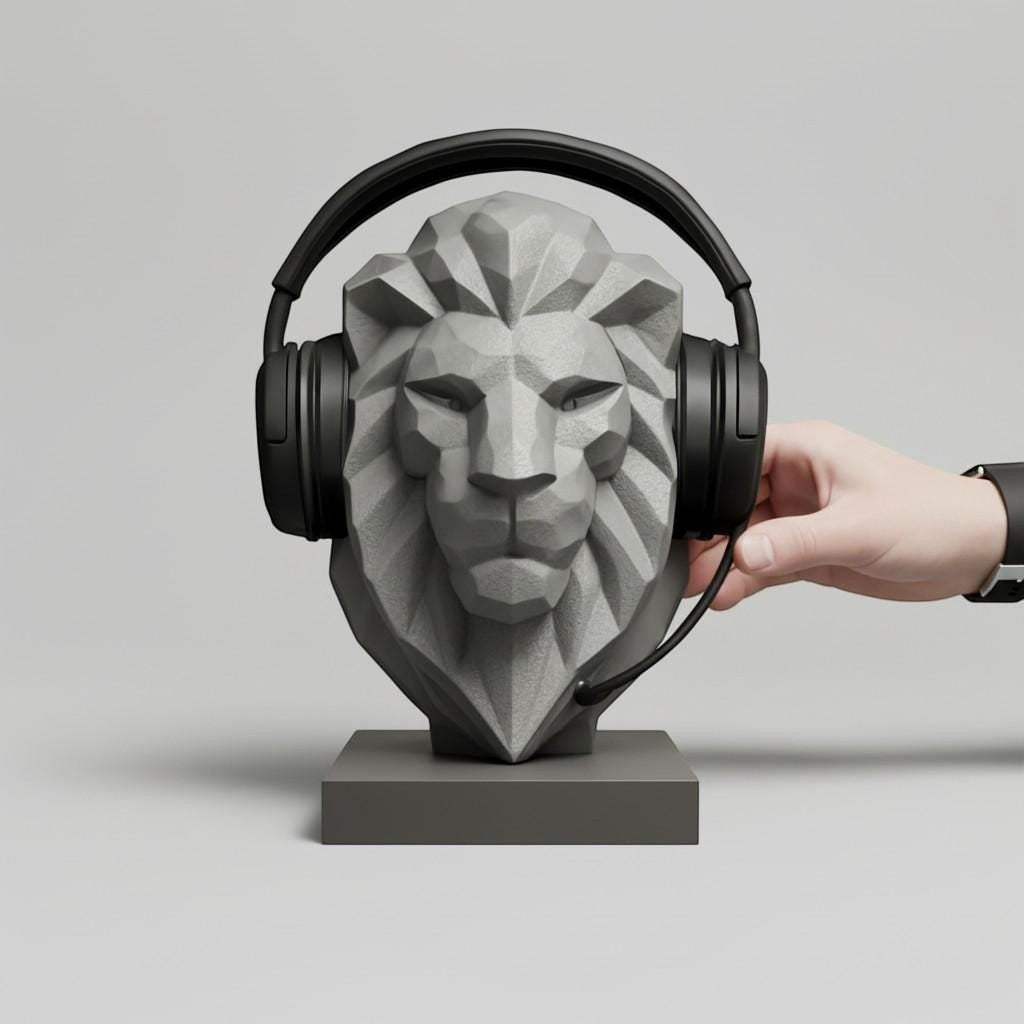 Lion Bust Headphone Stand – 3D Printed Low-Poly Gaming Desk Decor