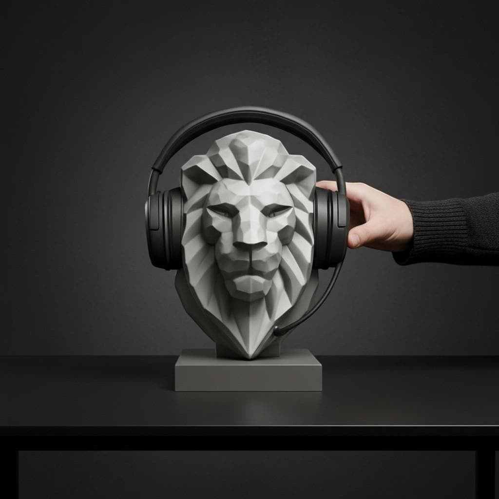 Lion Bust Headphone Stand – 3D Printed Low-Poly Gaming Desk Decor