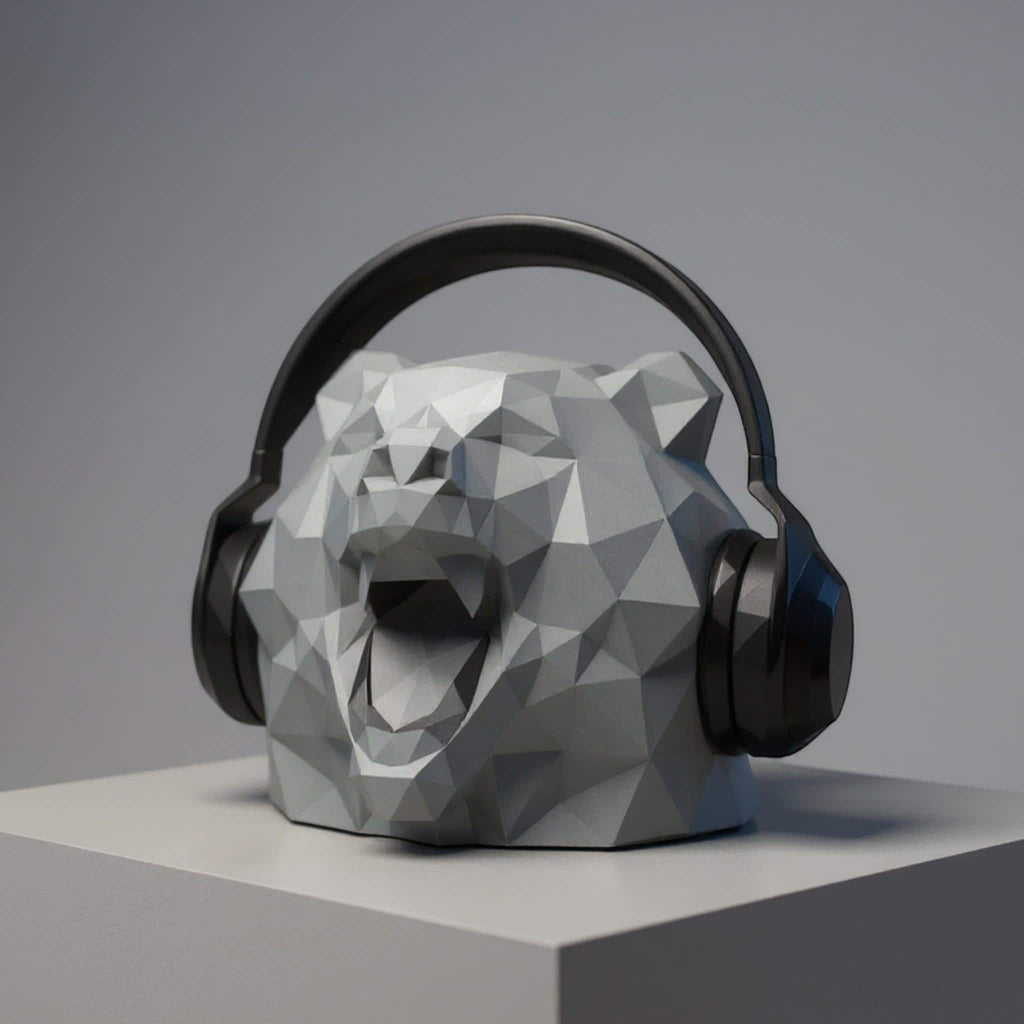 Happy3dWorld grey low-polygon bear head headphone stand with a modern geometric design on a white pedestal