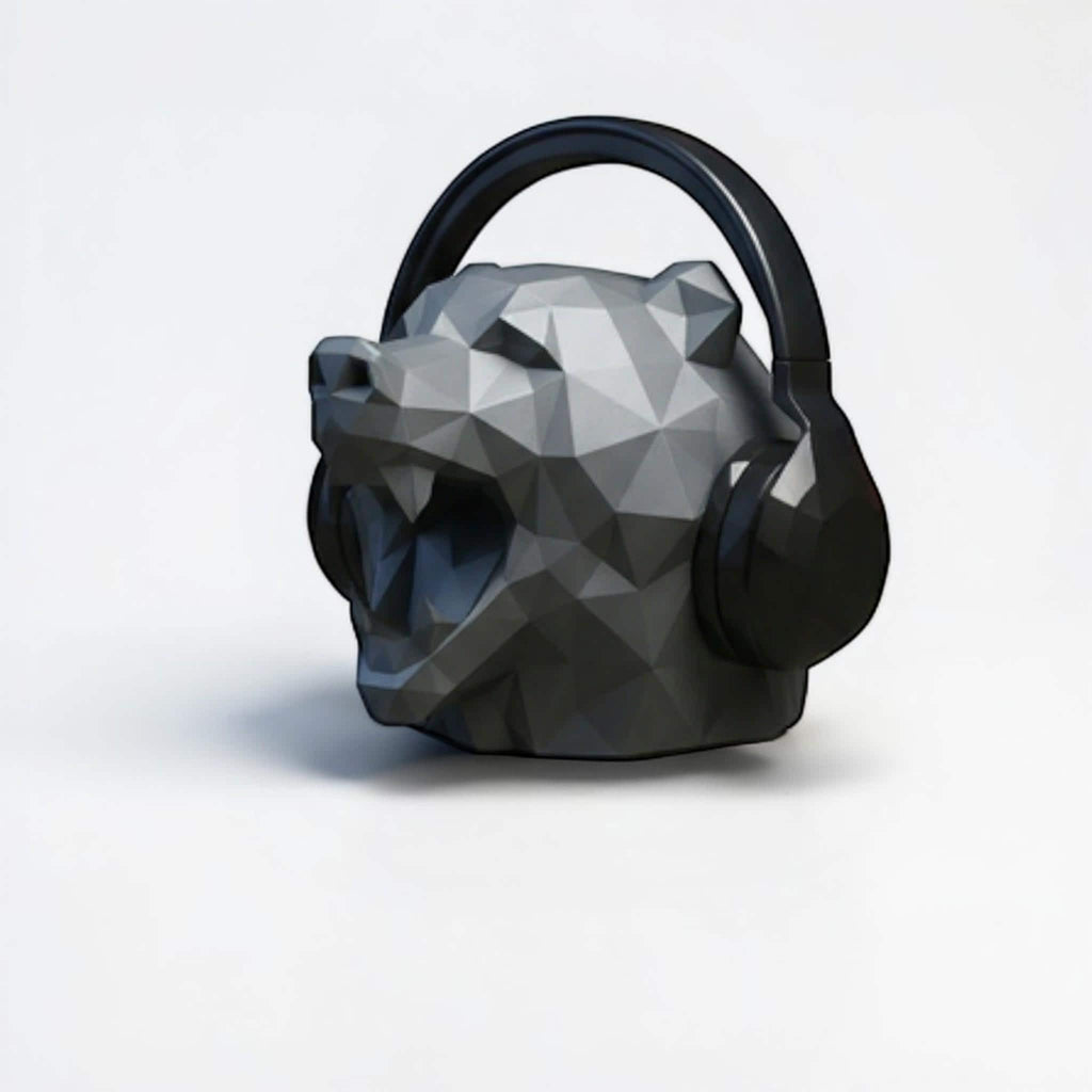 Happy3dWorld low polygon bear head headphone stand in matte black PLA, featuring sharp geometric angles on a white background.