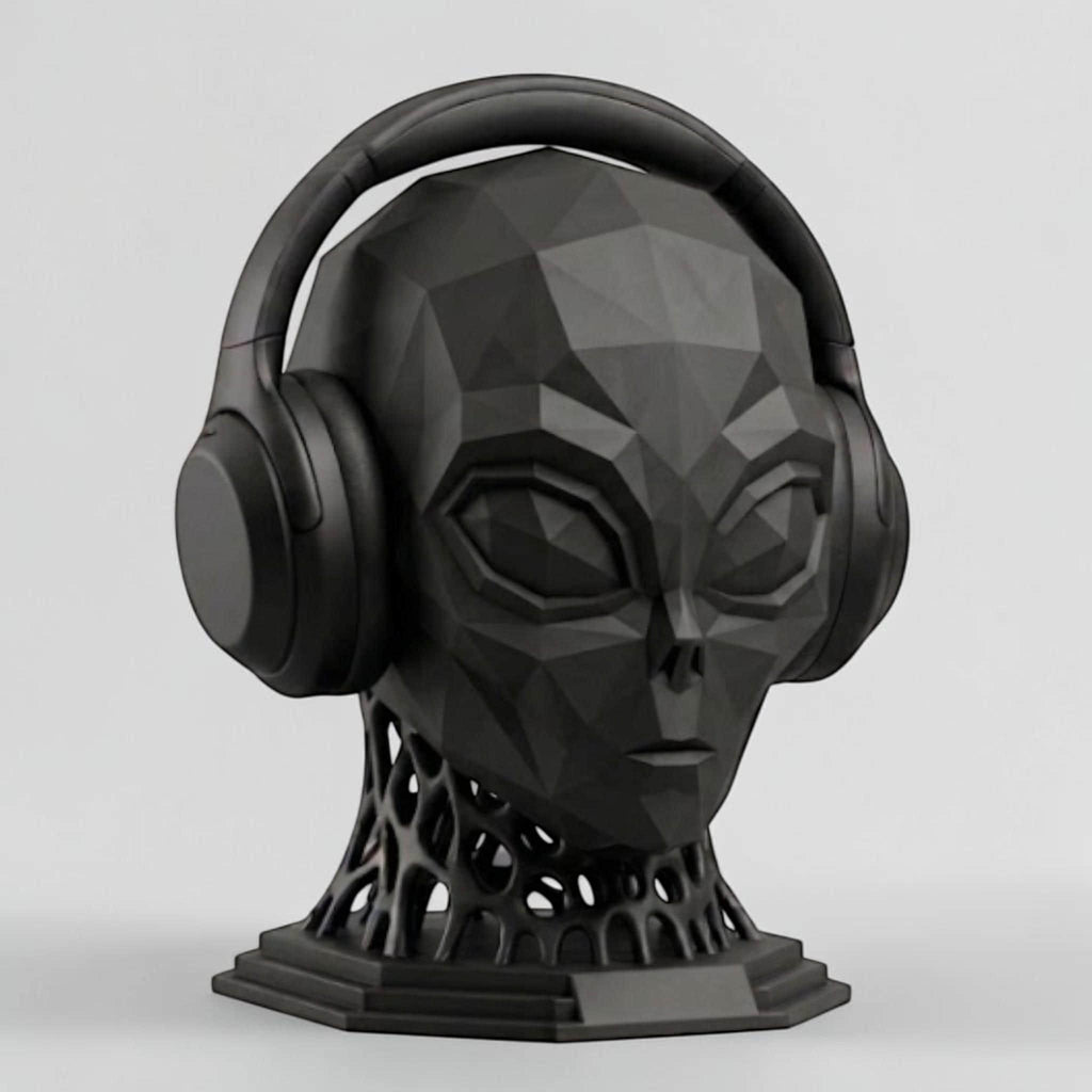 Happy3dWorld matte black low-poly alien headphone stand with a voronoi-style neck and stable octagonal base.