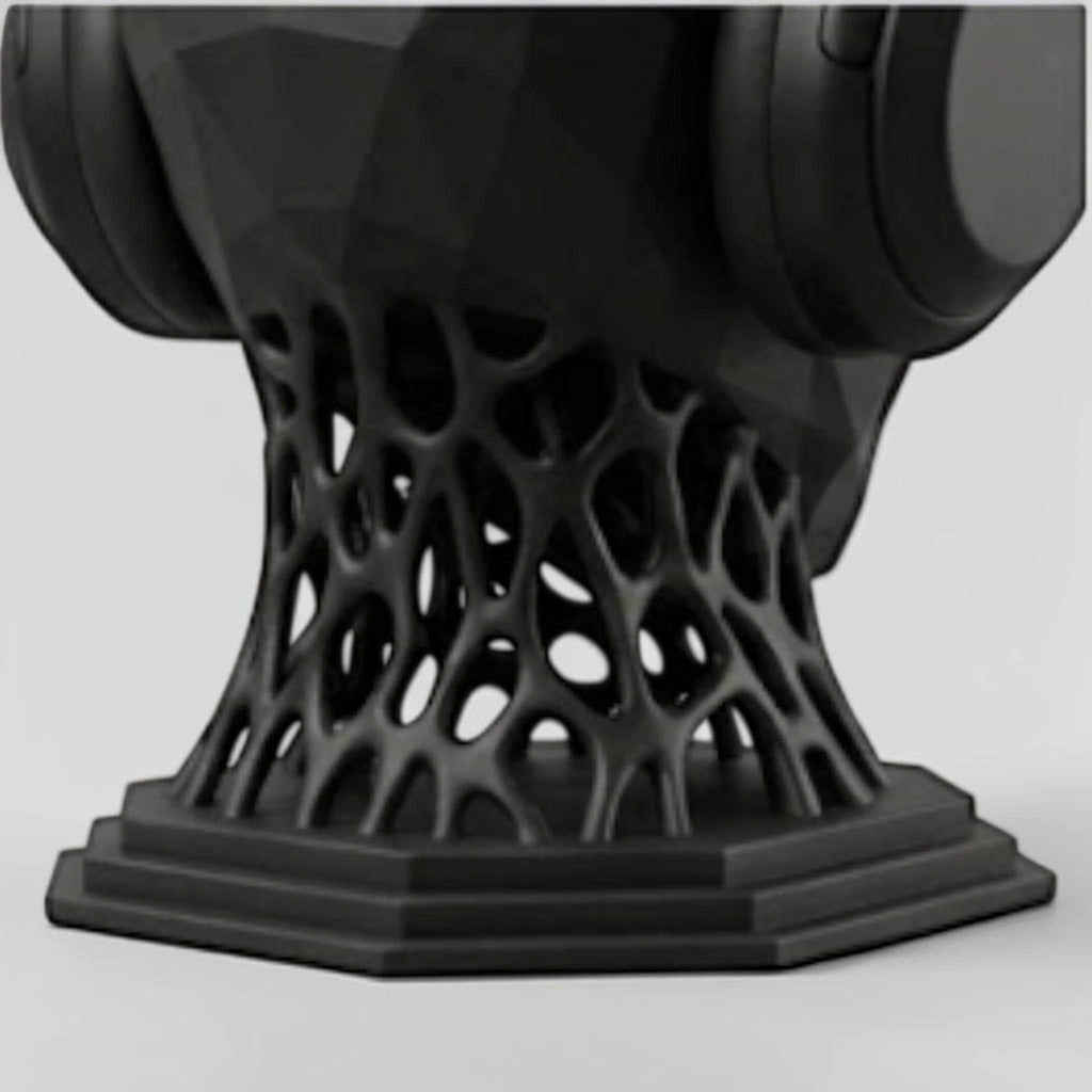 Happy3dWorld matte black 3D printed alien headphone stand with a geometric low-poly head and intricate voronoi neck.