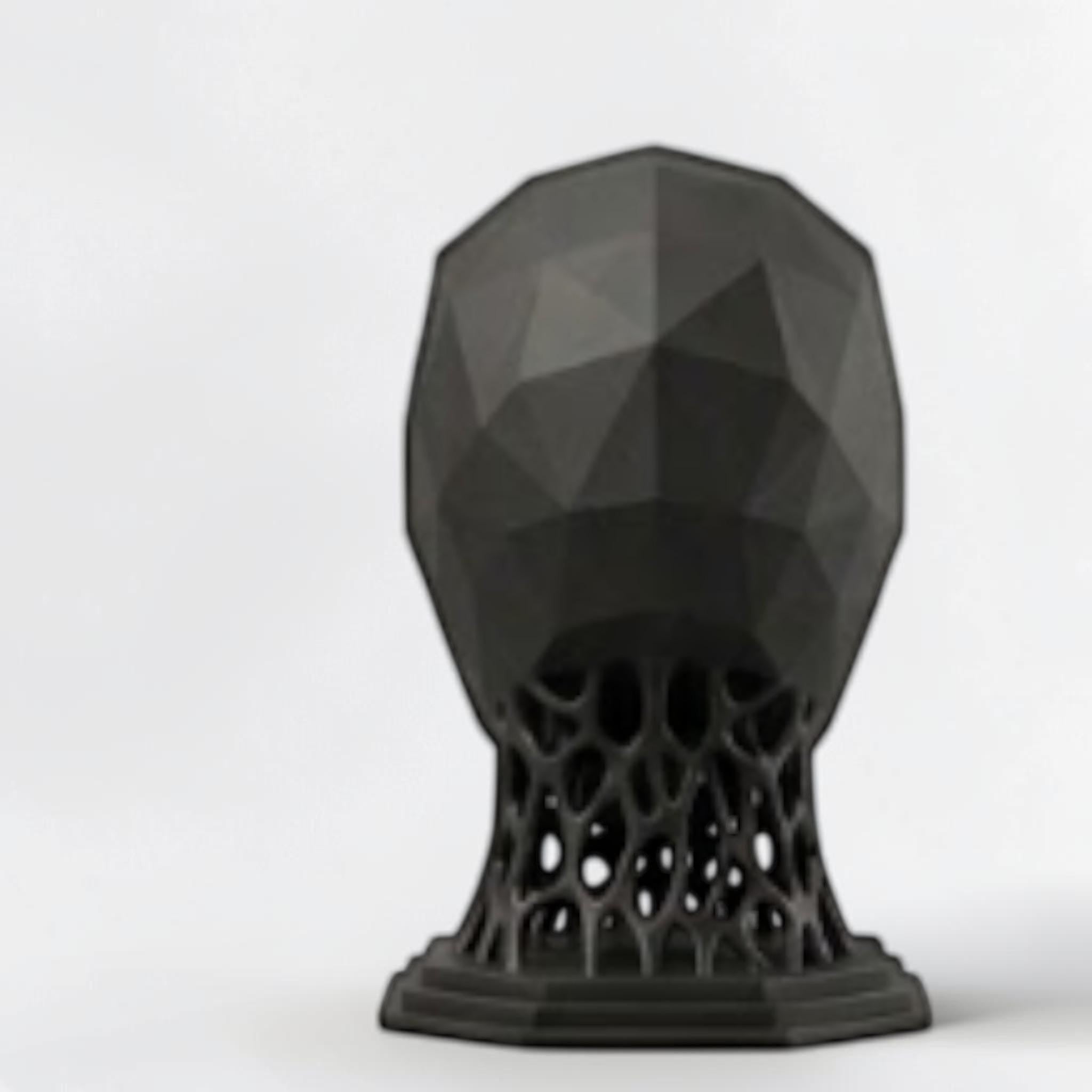 Happy3dWorld matte black 3D printed low poly alien headphone stand with a geometric voronoi neck and octagonal base.