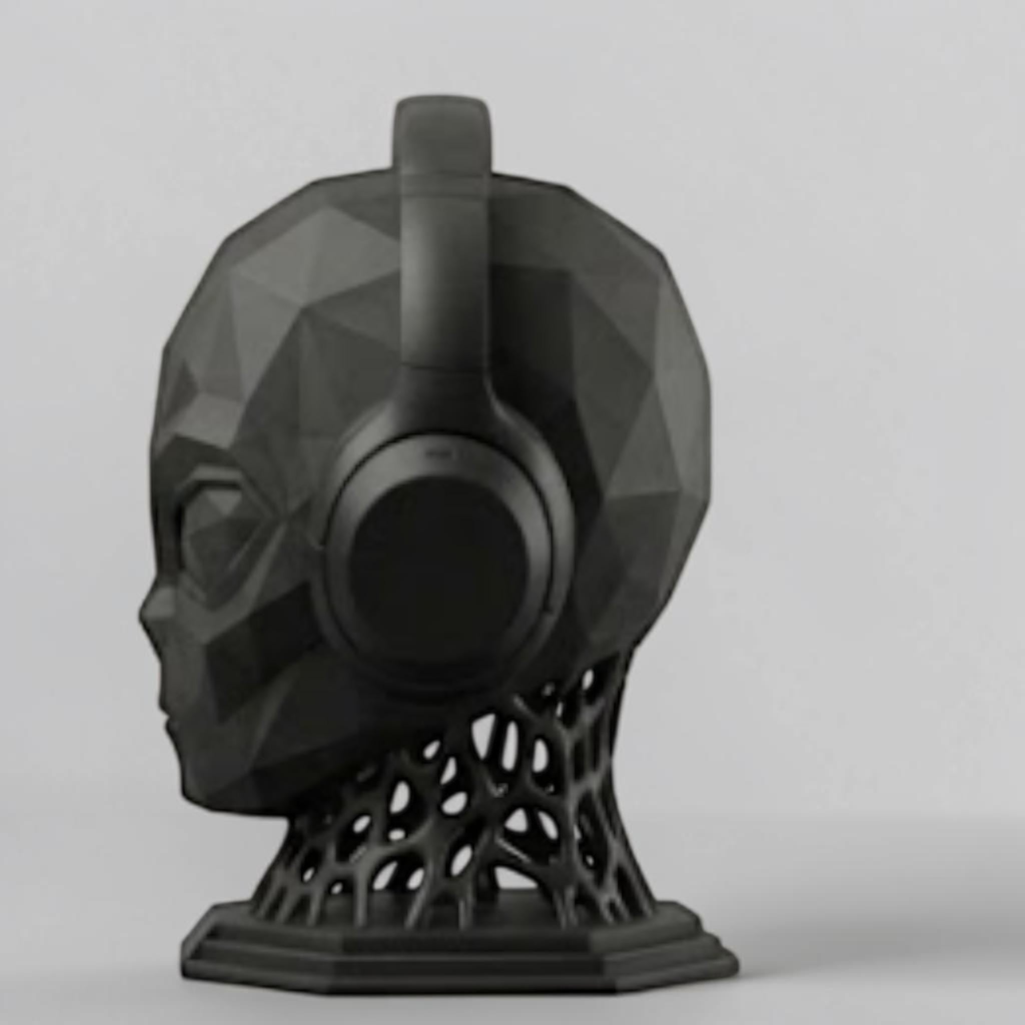 Happy3dWorld matte black low-poly alien headphone stand with a geometric voronoi neck and stable octagonal base.