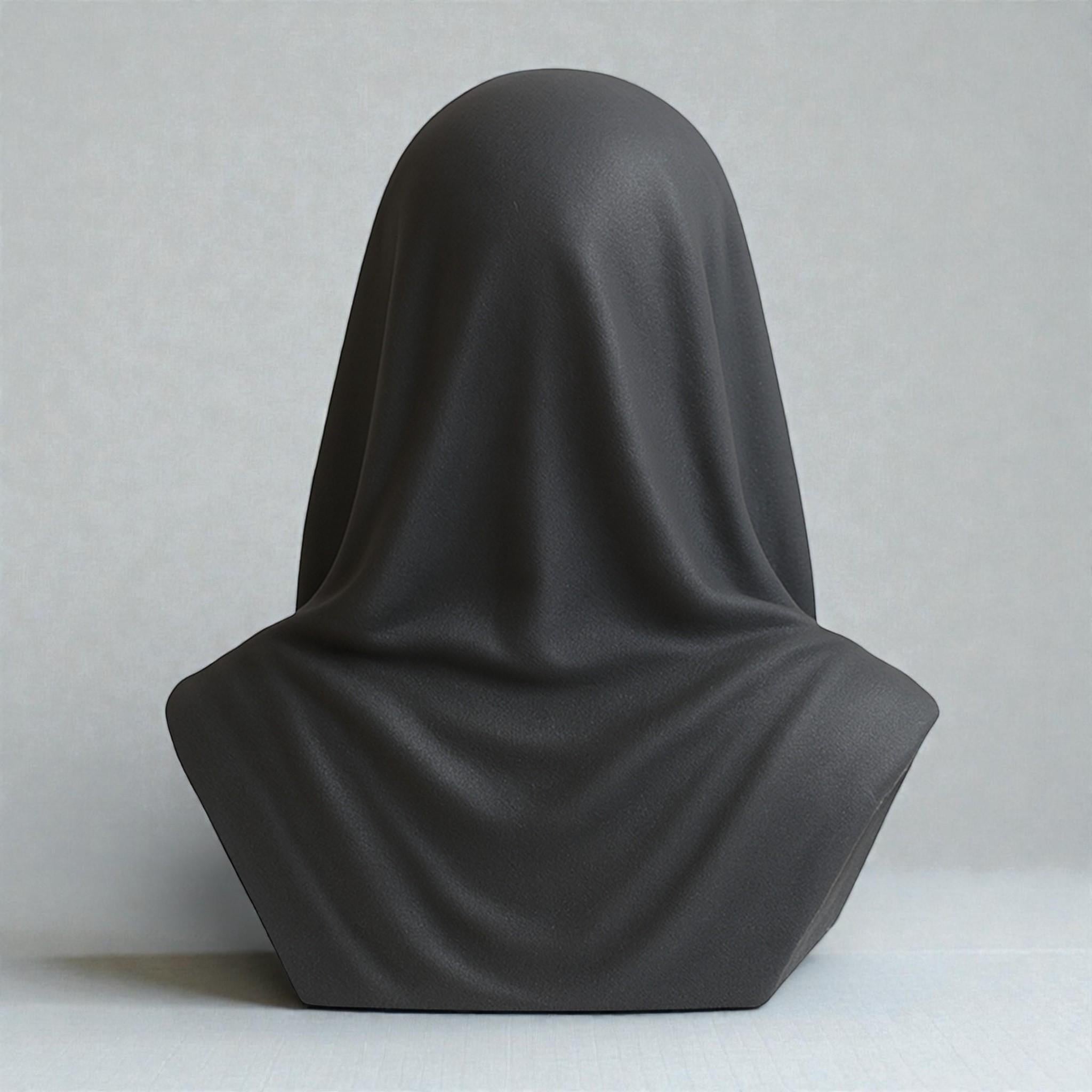 Happy3dWorld matte black death angel bust headphone stand with a hooded silhouette for gothic gaming desk decor.