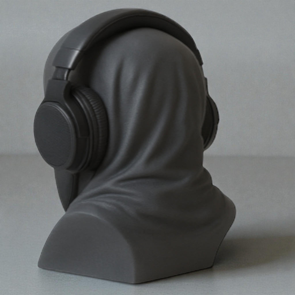 Happy3dWorld matte black death angel bust headphone stand with a gothic hooded design for gaming desk decor