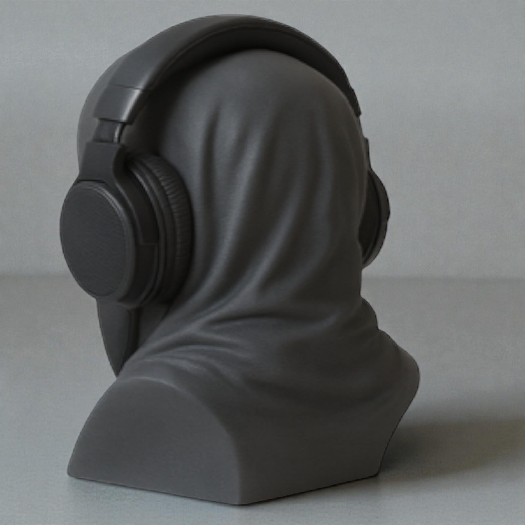 Happy3dWorld matte black death angel bust headphone stand with a gothic hooded design for gaming desk decor
