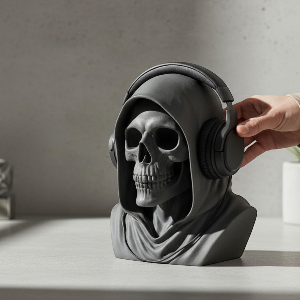 Happy3dWorld matte black death angel skull headphone stand with a hand adjusting over-ear headphones on a desk.