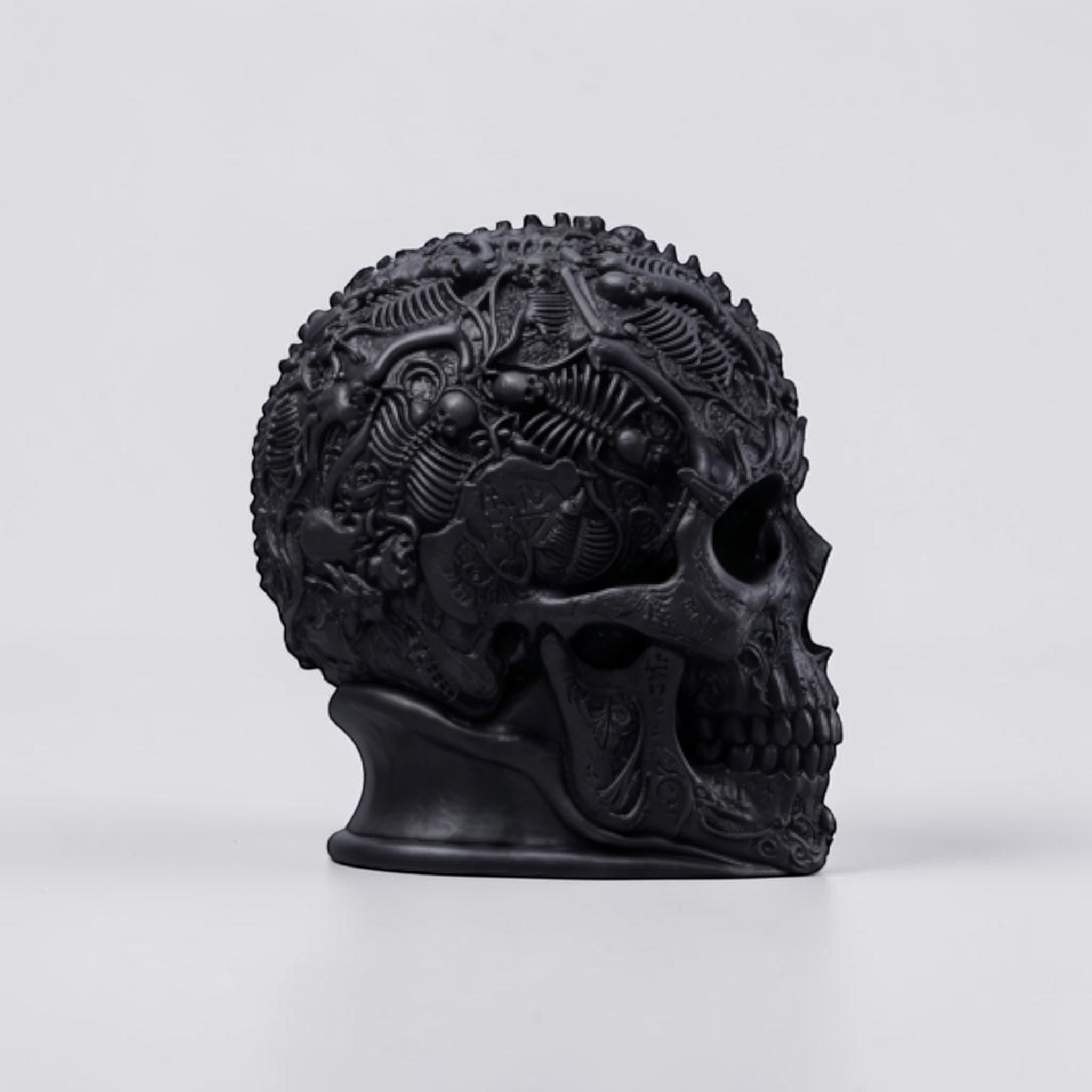 Happy3dWorld matte black gothic skull headphone holder with intricate baroque textures and skeletal filigree design.