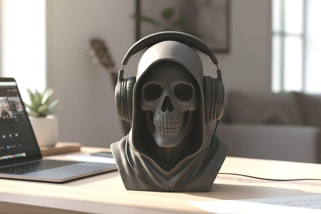 Happy3dWorld matte black death angel skull headphone stand on a desk, perfect for gothic gaming setups.