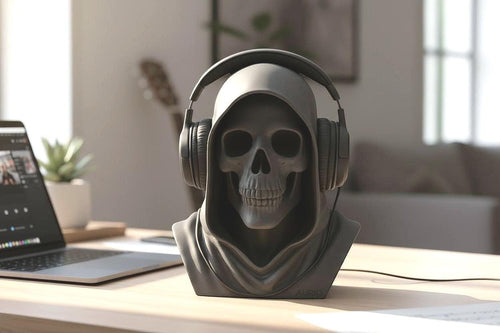 Death Angel Headphone Stand Gothic Gaming Table Accessory Skull Bust Decor Matte Black Sculpture