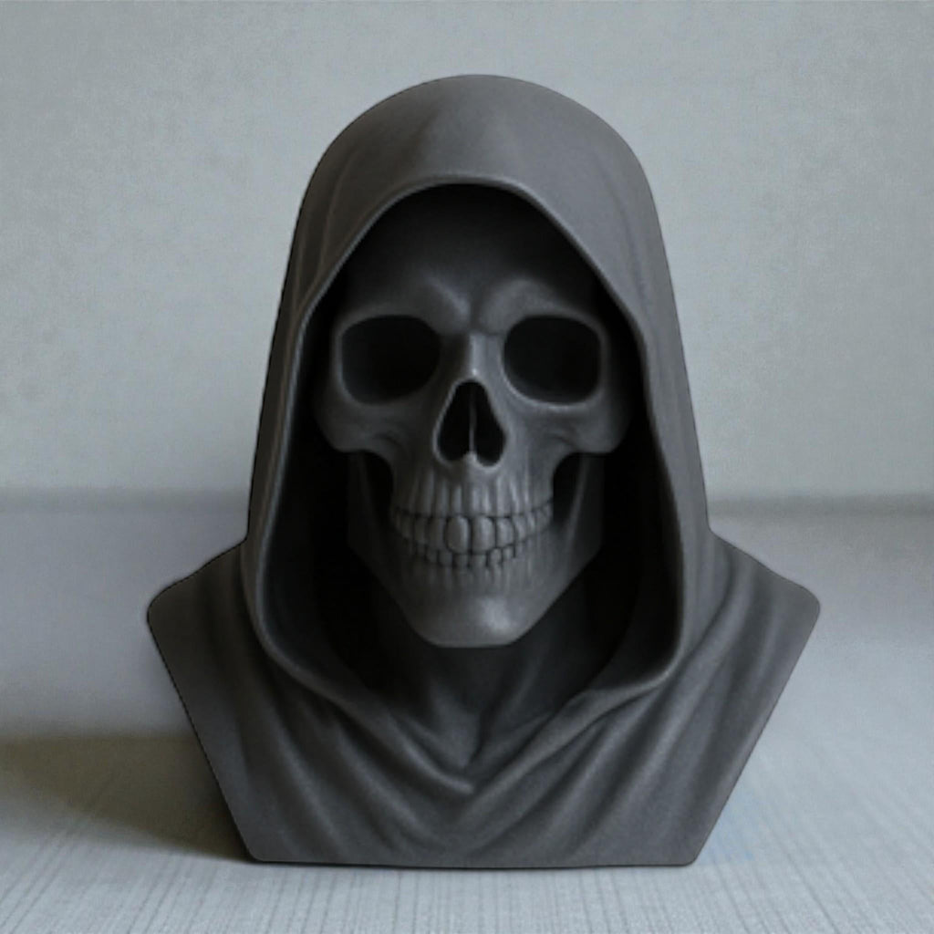 Happy3dWorld matte black death angel skull headphone stand with a gothic hooded design for gaming desk decor.
