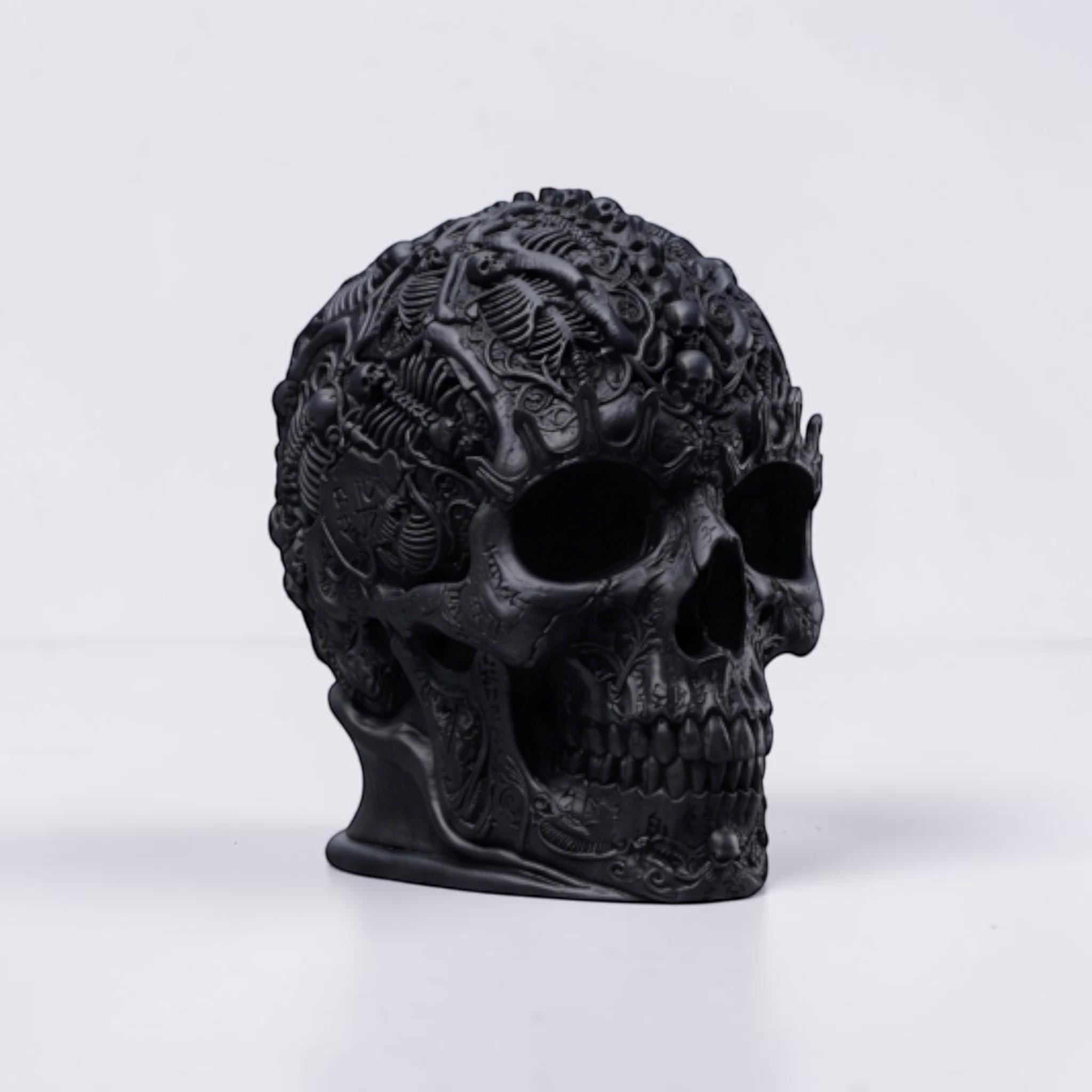Happy3dWorld matte black gothic skull headphone stand with intricate baroque carvings and skeletal details.
