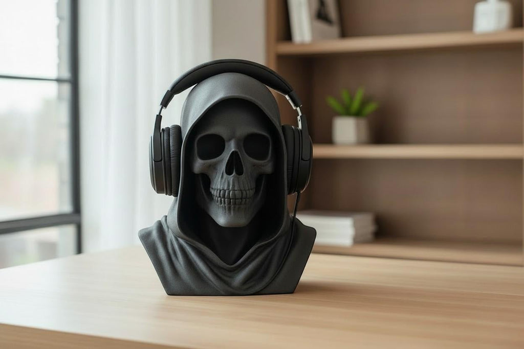 Happy3dWorld matte black death angel skull headphone stand on a wooden desk for gothic gaming setups