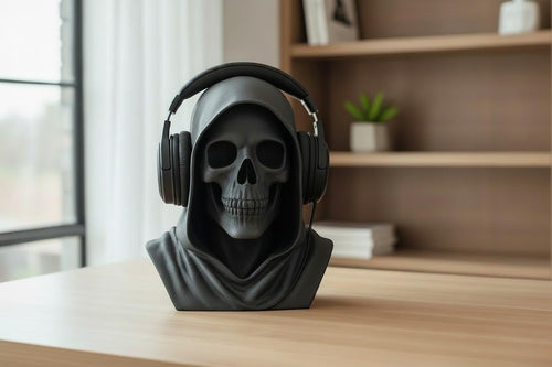 Death Angel Headphone Stand Gothic Gaming Table Accessory Skull Bust Decor Matte Black Sculpture