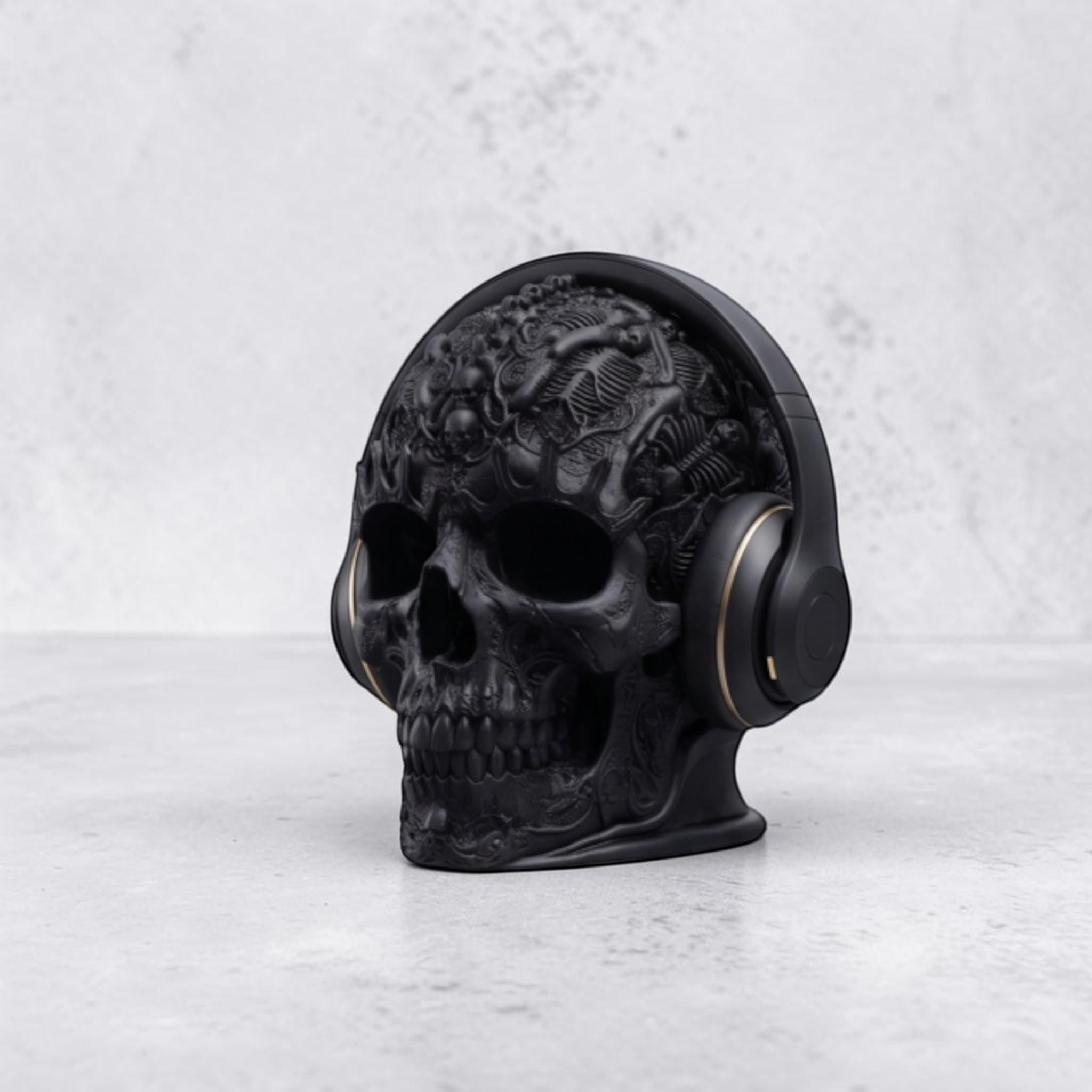 Happy3dWorld matte black gothic skull headphone stand with ornate baroque textures on a marble surface.