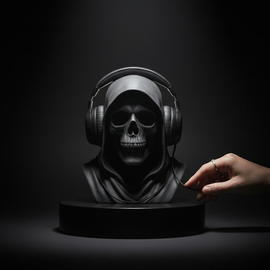 Happy3dWorld matte black death angel skull headphone stand with a hooded design, perfect for gothic gaming setups.